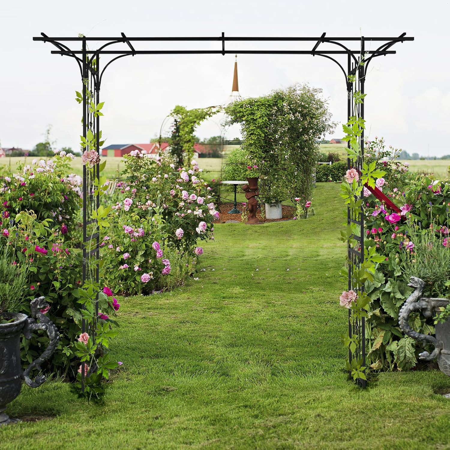 85" Metal Garden Arch Trellis for Climbing Plants, Large Flat Top Iron Arbor for Wedding Events & Backyard, Rustproof Outdoor Flower Support Rack for Roses & Vines, 6.7ft Wide, Black
