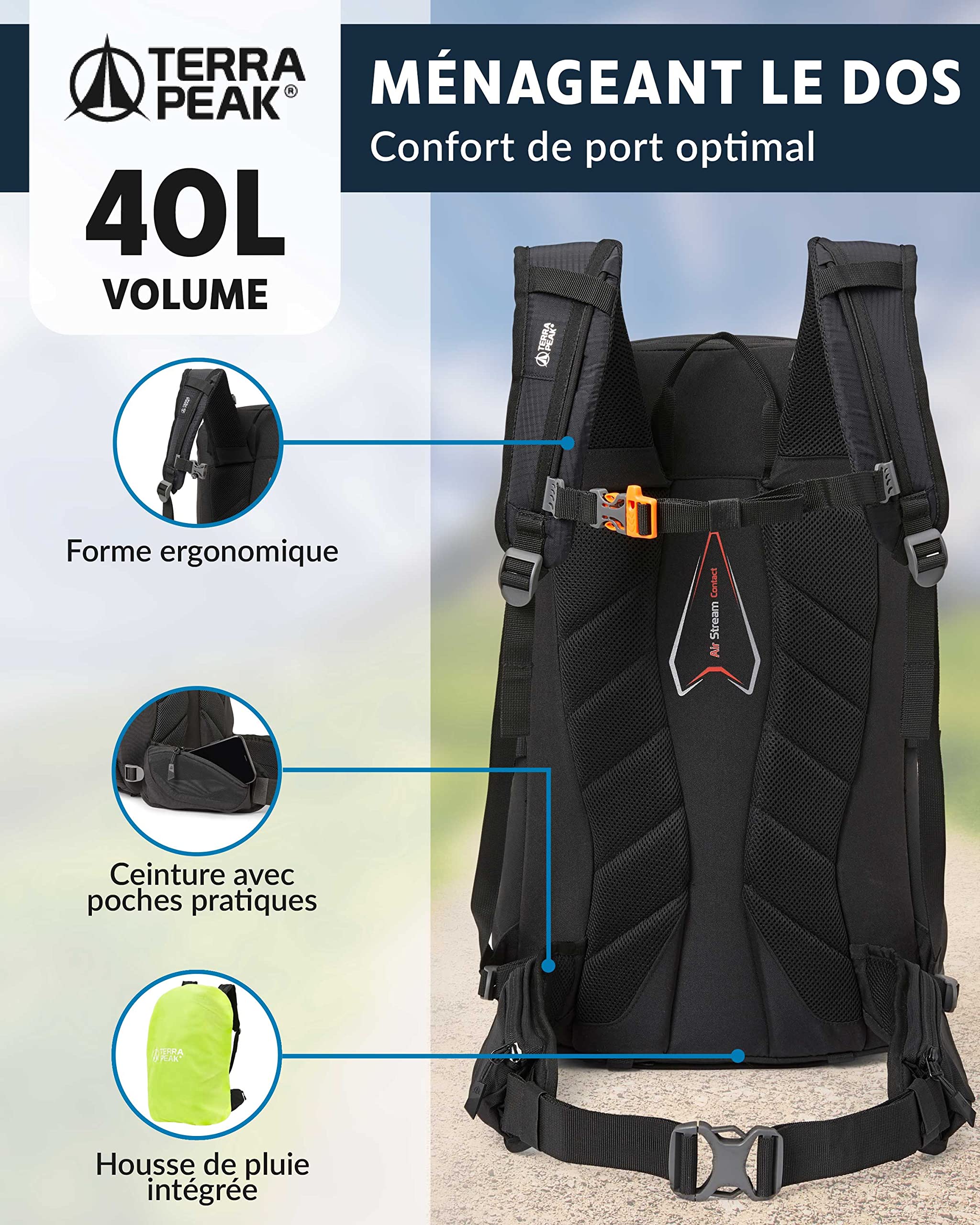 Terra Peak® Sac à dos de randonnée 40L (FLEX 40) grand pour femme et homme - Sac a dos de trekking, chasse et voyage (respirant, imperméable) - Sac alpinisme, escalade et de jour (ergonomique)