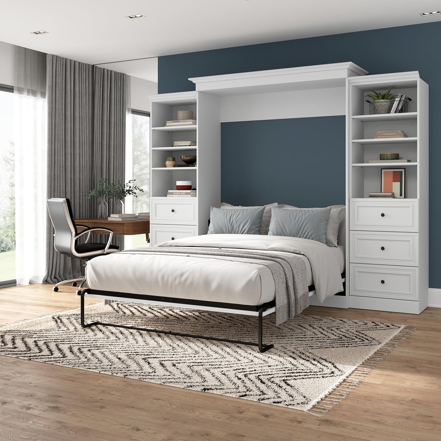 Bestar Versatile Queen Murphy Bed and 2 Closet Organizers with Drawers (115W) in White, Sleeping Arrangement and Wardrobes for Multipurpose Room