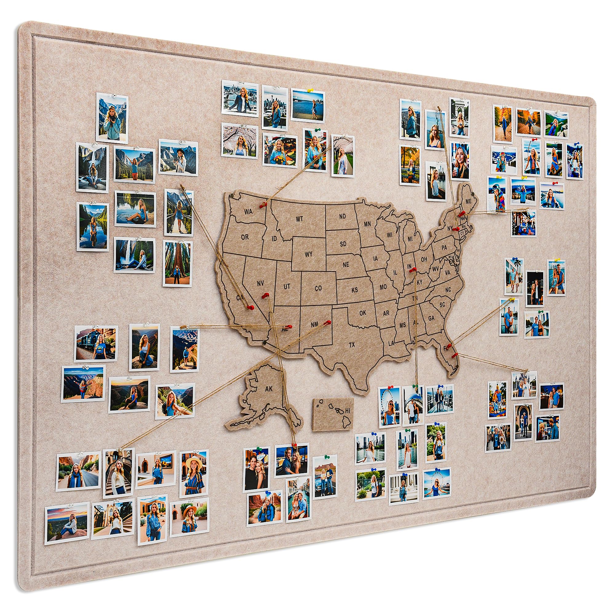 Vyvox Photo Board with USA Map, 70x45 inch Photo Display Felt Board, Personalized US Map for Travel Tracking, Best Gifts for People Who Travel (Desert