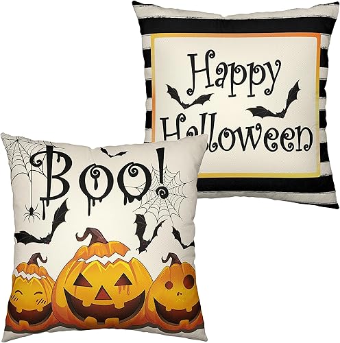 Kwlegh Juego de 2 fundas de almohada de tela de araña de calabaza de Halloween de 24 x 24 pulgadas, decoración moderna de Halloween, fundas de