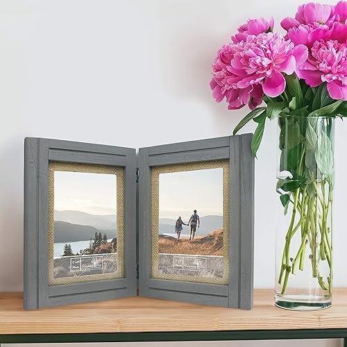 Miniatura 6 de Marcos de fotos rústicos de 5 x 7 pulgadas, tapete de arpillera, decoración de granja de madera envejecida, marco doble con bisagras, fotos