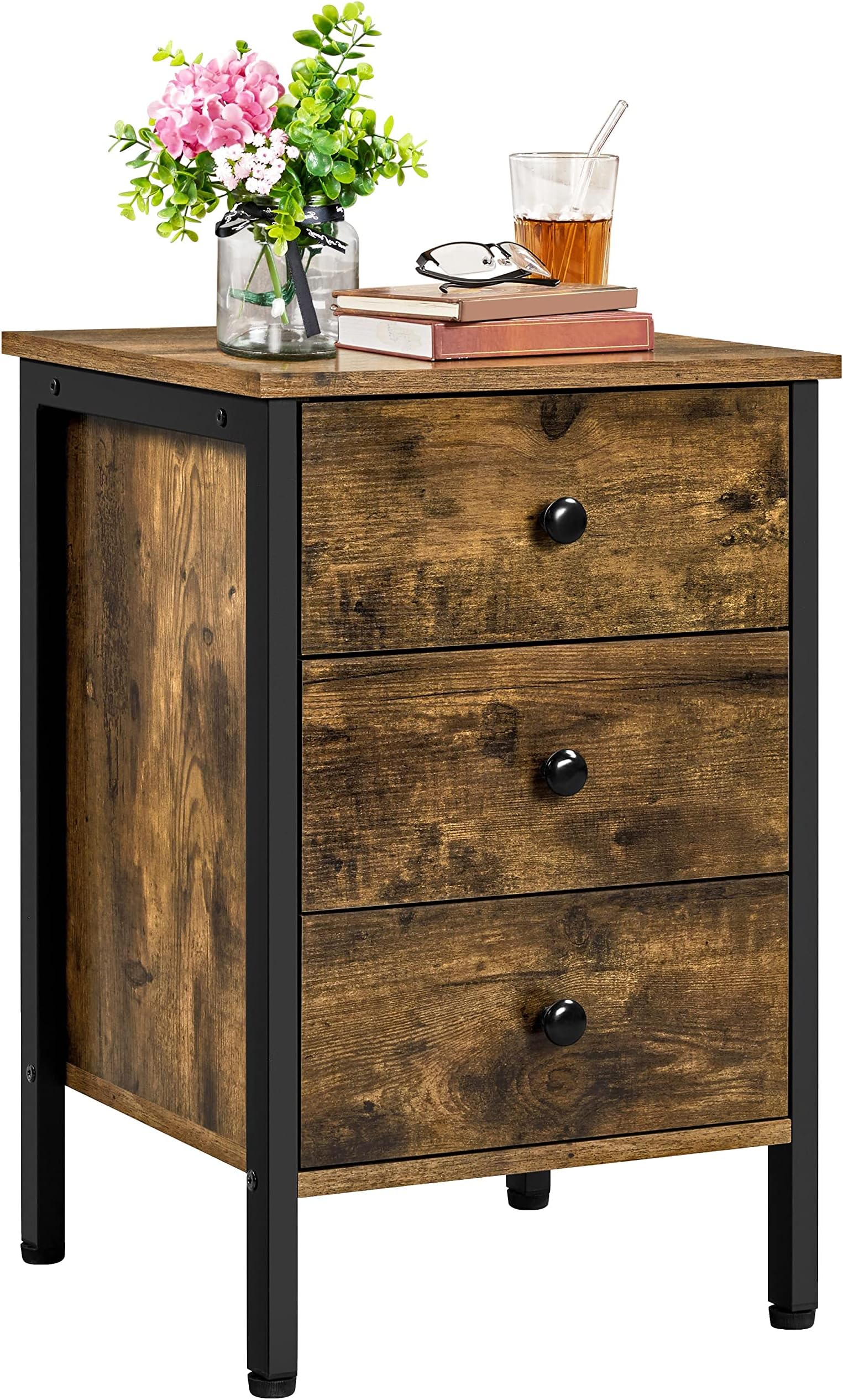 Yaheetech 3-Drawer Bedside Table, Wooden Nightstand Storage Unit, Bedside Cabinet with Metal Frame, Sofa End Side Table for Living Room/Bedroom/Small Space, Rustic Brown