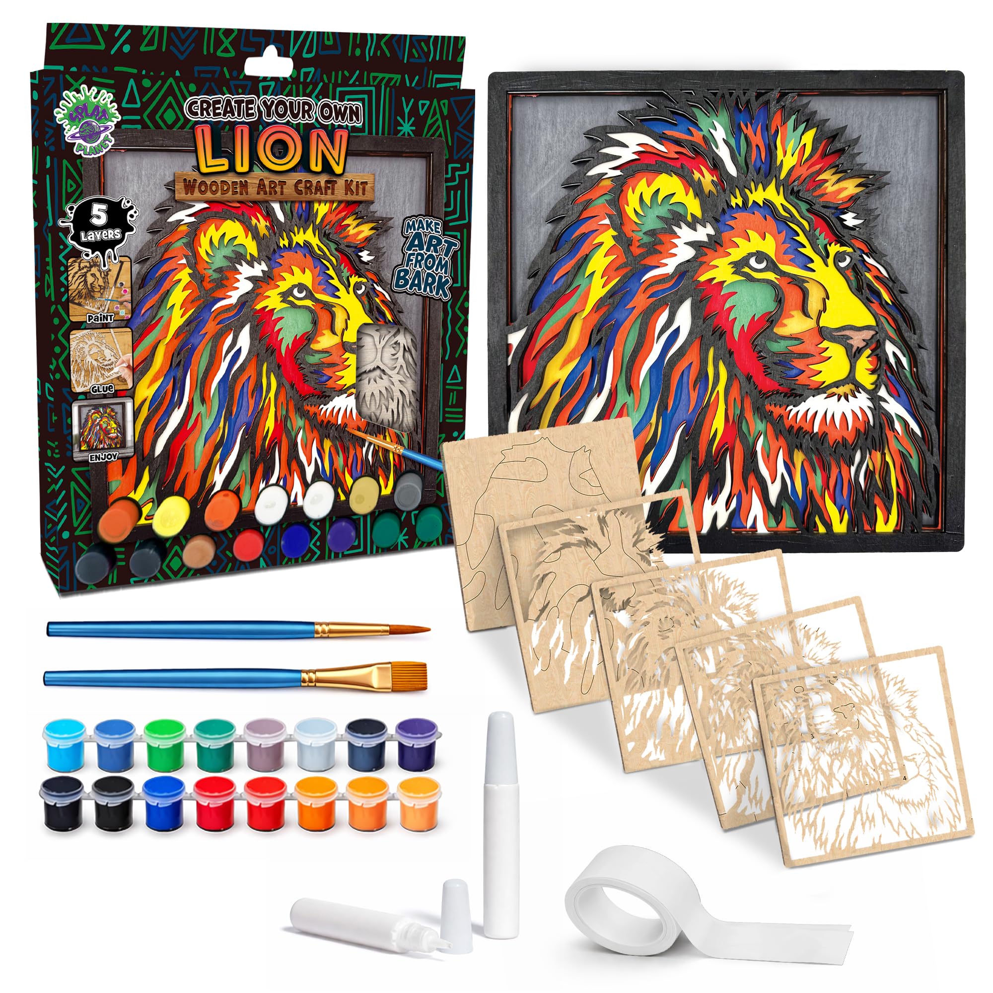 Splat Planet – Lion 3D Wooden Art Kit – Paint Your Own 3D Layered Wood Wall Art for Kids & Adults, DIY 3D Art Lion Wood Painting Kit Wooden Art and Craft Gift Set, 25 x 25cm