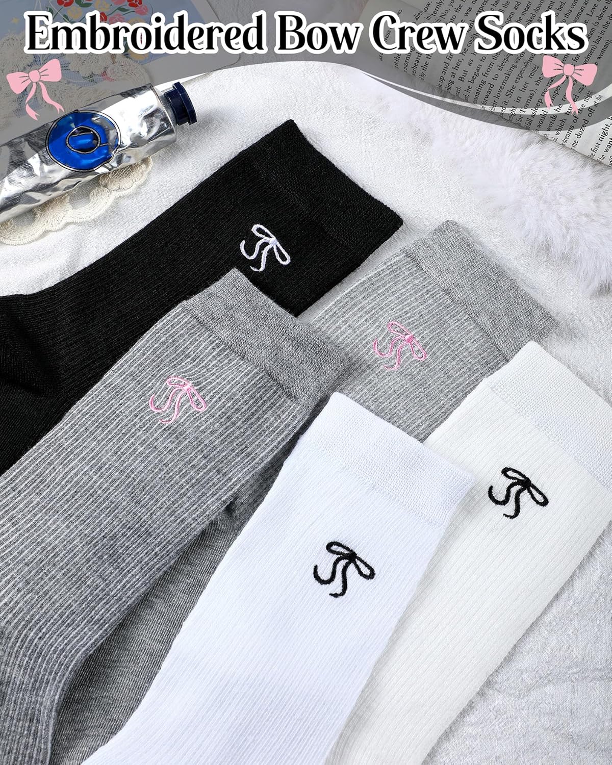 Shihanee 5 Pairs Bow Socks Women Coquette Aesthetic Crew Cotton Socks with Embroidered Bow for Ladies Birthday Christmas Gift - Image 6