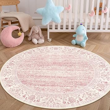 Brakki Pink Round Rug 4ft, Washable Boho Area Rug for Bedroom Living Room | Ultra Soft Floral Rug, Vintage Distressed Carpet, Non Slip, Small Circle Rug for Dining Room Kitchen