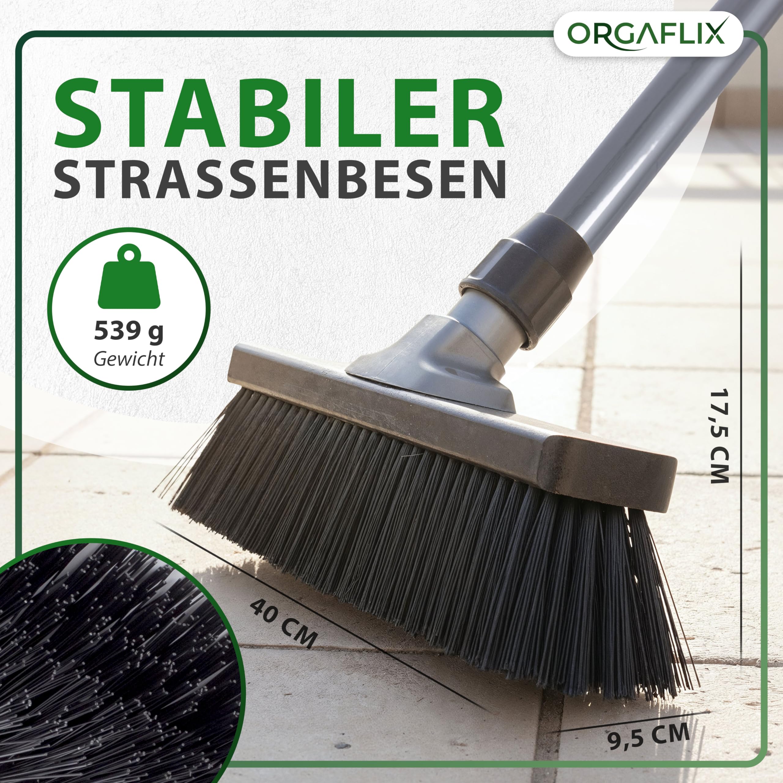 ORGAFLIX Scopa stradale con manico 40 cm, scopa da cortile e terrazza con setole dense in elaston, manico regolabile 60-130 cm, robusta e durevole, made in Germany & Italy