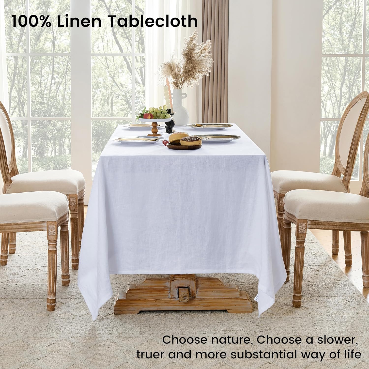 Simple&Opulence White Linen Tablecloth for Rectangle Tables-54×72 Inch, 100% Linen Farmhouse Tablecloth 4-6 Seat Dining Table, Durable Stonewashed Tablecloth for Banquet, Dinner, Wedding