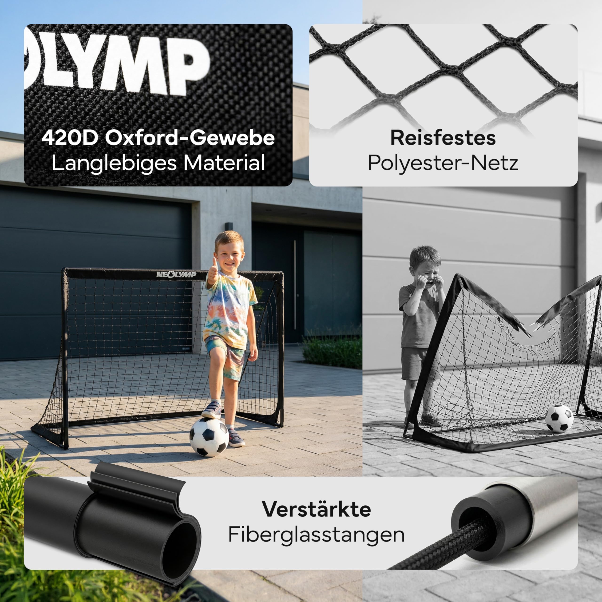 NEOLYMP Fußballtor Kinder Set – Faltbare Tore für Garten & Outdoor – Robuste 9 mm Fiberglas-Stangen – Mit Hütchen, Karabinern, Indoor-Füße & Tragetasche – Fußball-Training - Fußball Trainingszubehör