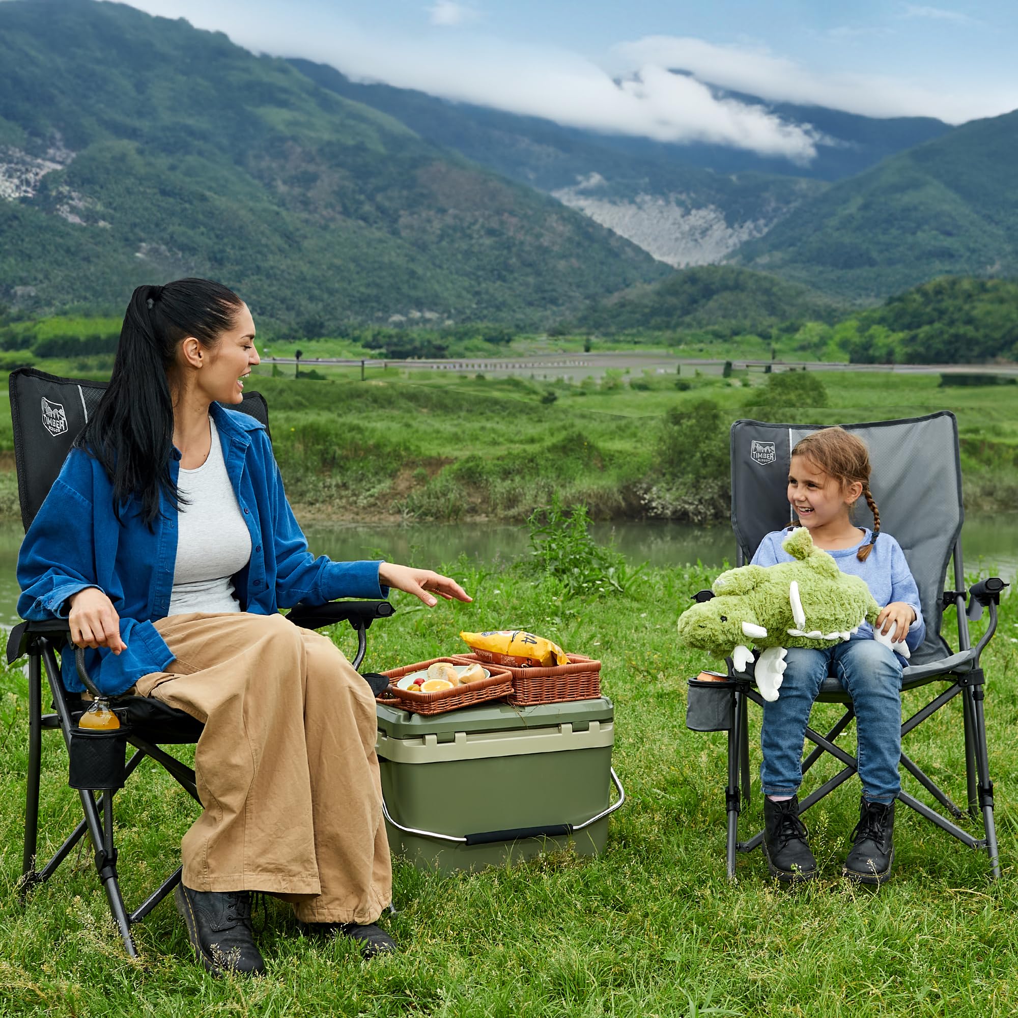 Timber Ridge Silla de Camping Plegable 150 kg Respaldo Alto Silla Plegable portátil con portavasos Reposabrazos Duro Silla de Pesca para Camping, Picnic, jardín, balcón