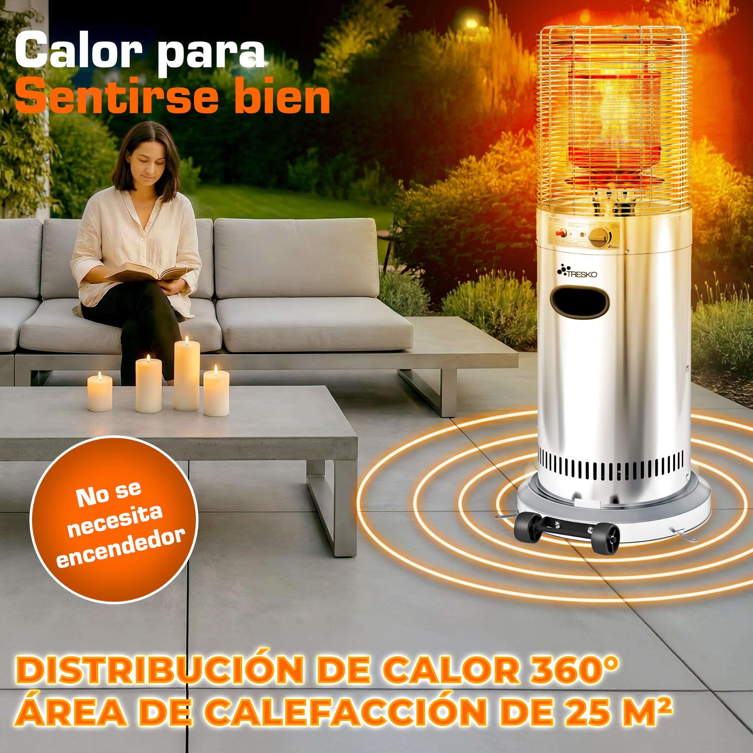 TRESKO Calefacción de terraza de gas 11 kW + ruedas, para botellas de 5 y 11 kg | Potente calefacción exterior para terraza, balcón, jardín, camping | Sombrilla calefactora con manguera y regulador