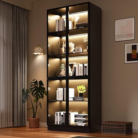 Display Storage Cabinet with Glass Door, LED Lights,Showcase for Collections, Perfume, Vinyl Albums, Bookcase for Home Office, Living Room, Clinic, Pantry (5 Layers-Black)