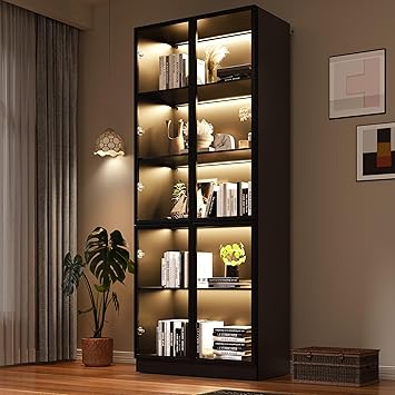Display Storage Cabinet with Glass Door, LED Lights,Showcase for Collections, Perfume, Vinyl Albums, Bookcase for Home Office, Living Room, Clinic, Pantry (5 Layers-Black)