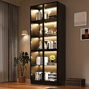 Display Storage Cabinet with Glass Door, LED Lights,Showcase for Collections, Perfume, Vinyl Albums, Bookcase for Home Office, Living Room, Clinic, Pantry (5 Layers-Black)