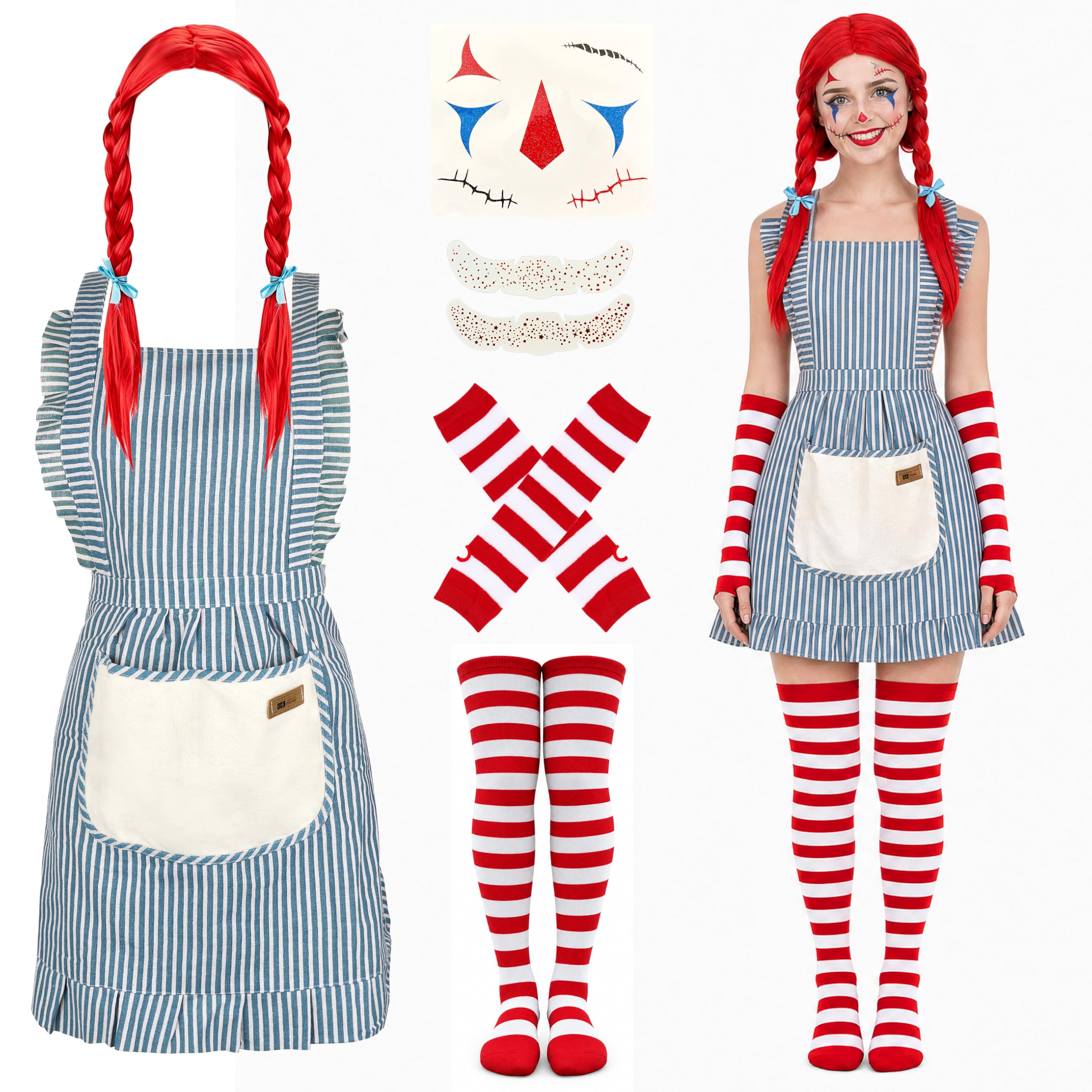 7 Pcs Halloween Girl Fast Food Costume for Women, Blue Striped Apron Set