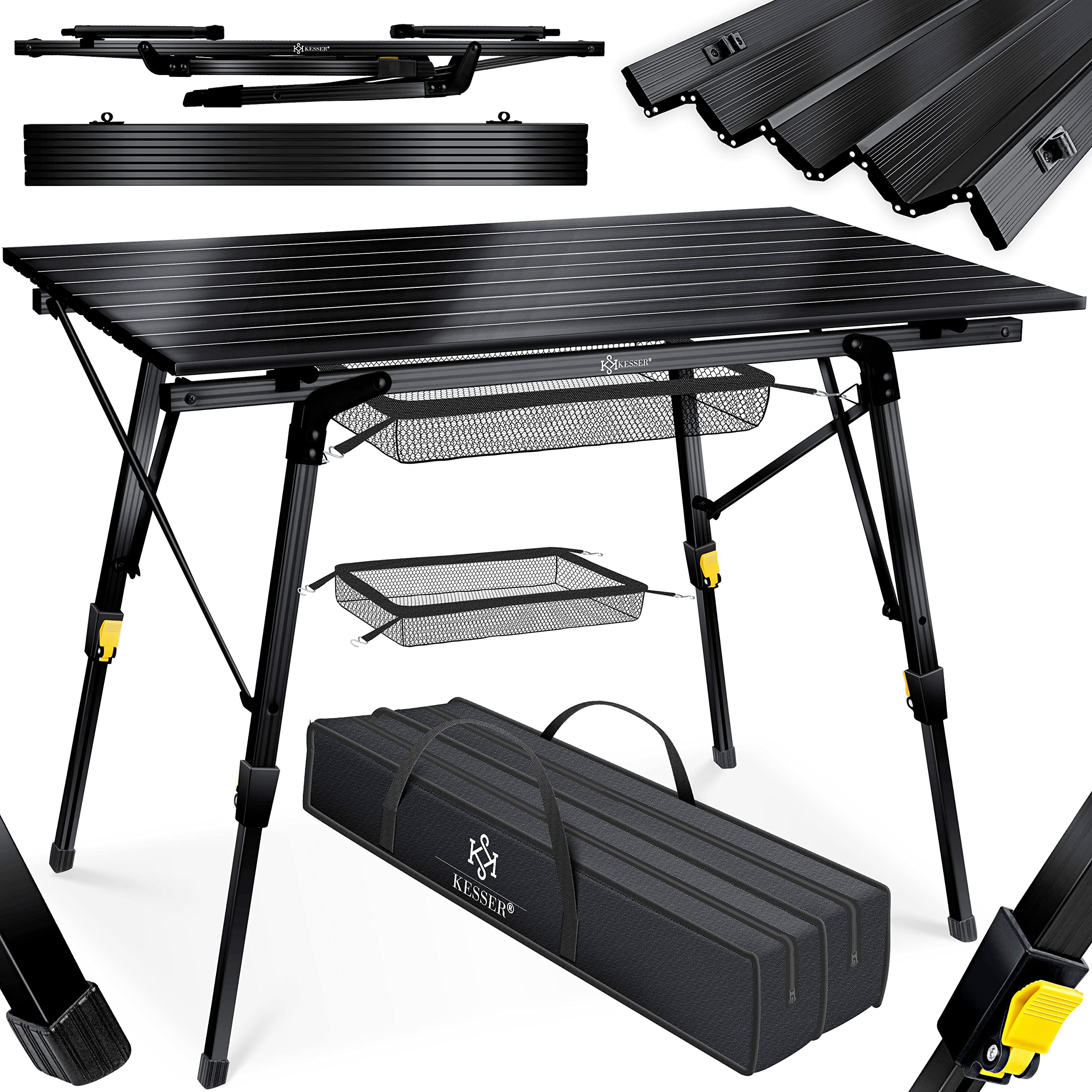 KESSER Campingtisch faltbar – Aluminiumrahmen, 90x53 cm, höhenverstellbar, Tragfähigkeit bis 100 kg, inkl. Tragetasche & Netztasche, Schwarz