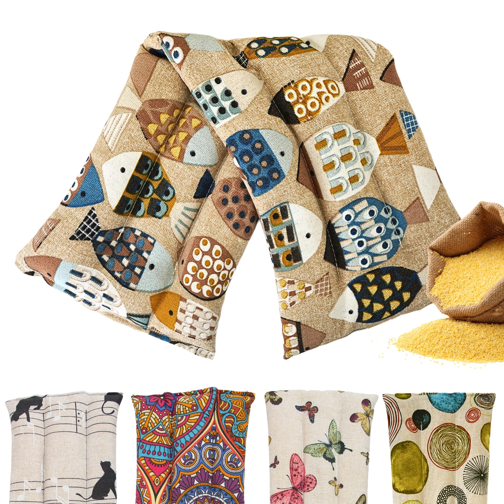 Saco Termico Semillas para Microondas - Bolsa Semillas Calor Microondas - Cojin de Semillas para Microondas - Sin Aroma - Relleno de Semillas de Mijo Ecológico - Fabricado en España 45x14cm (Fishes)