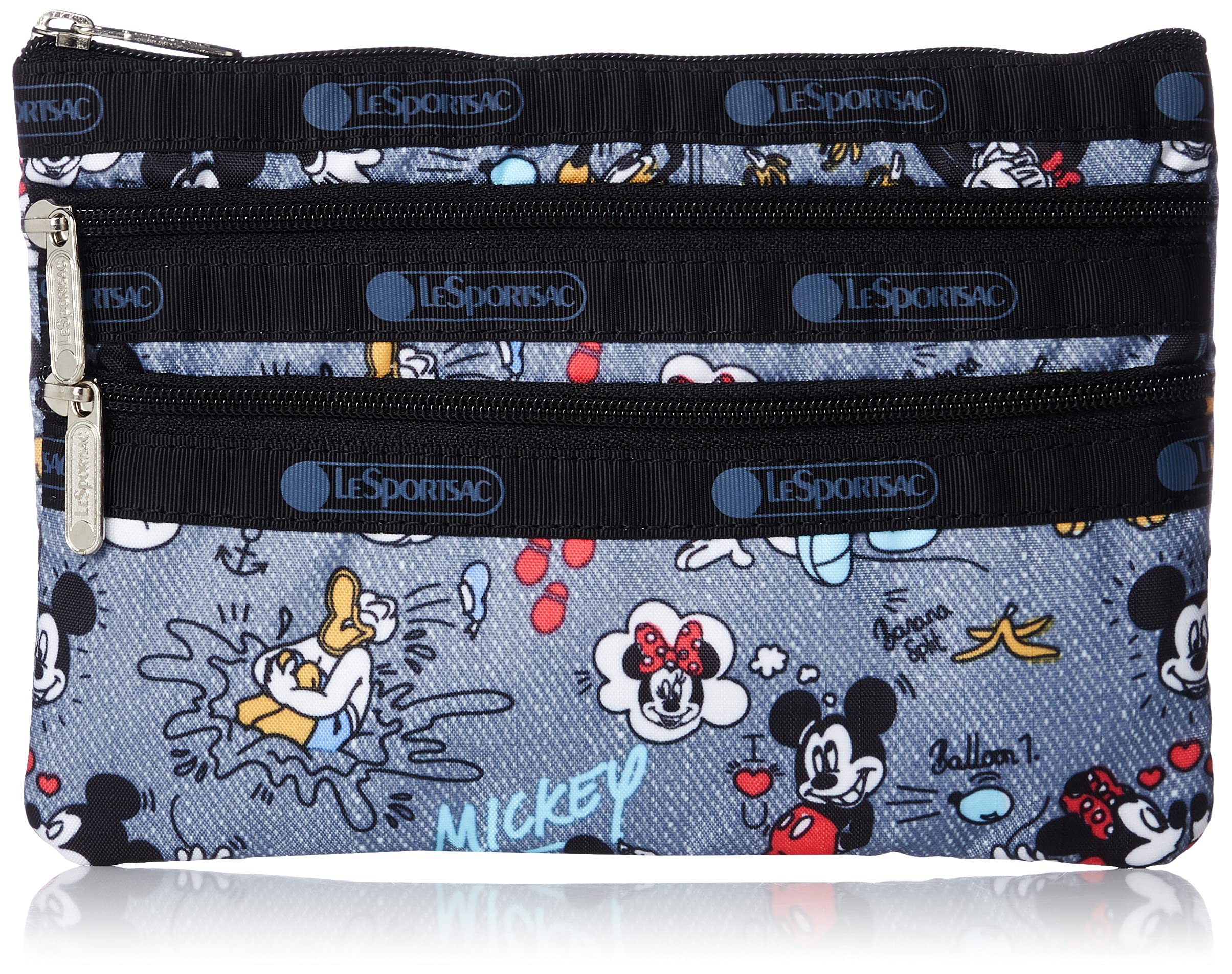 LeSportsac Mickey Doodle Exclusive 3-Zip Cosmetic Bag/Mini Wallet Style 7158/Color G803, Iconic Characters Mickey, Minnie, Donald Duck & Pluto in Playful Graphic Design