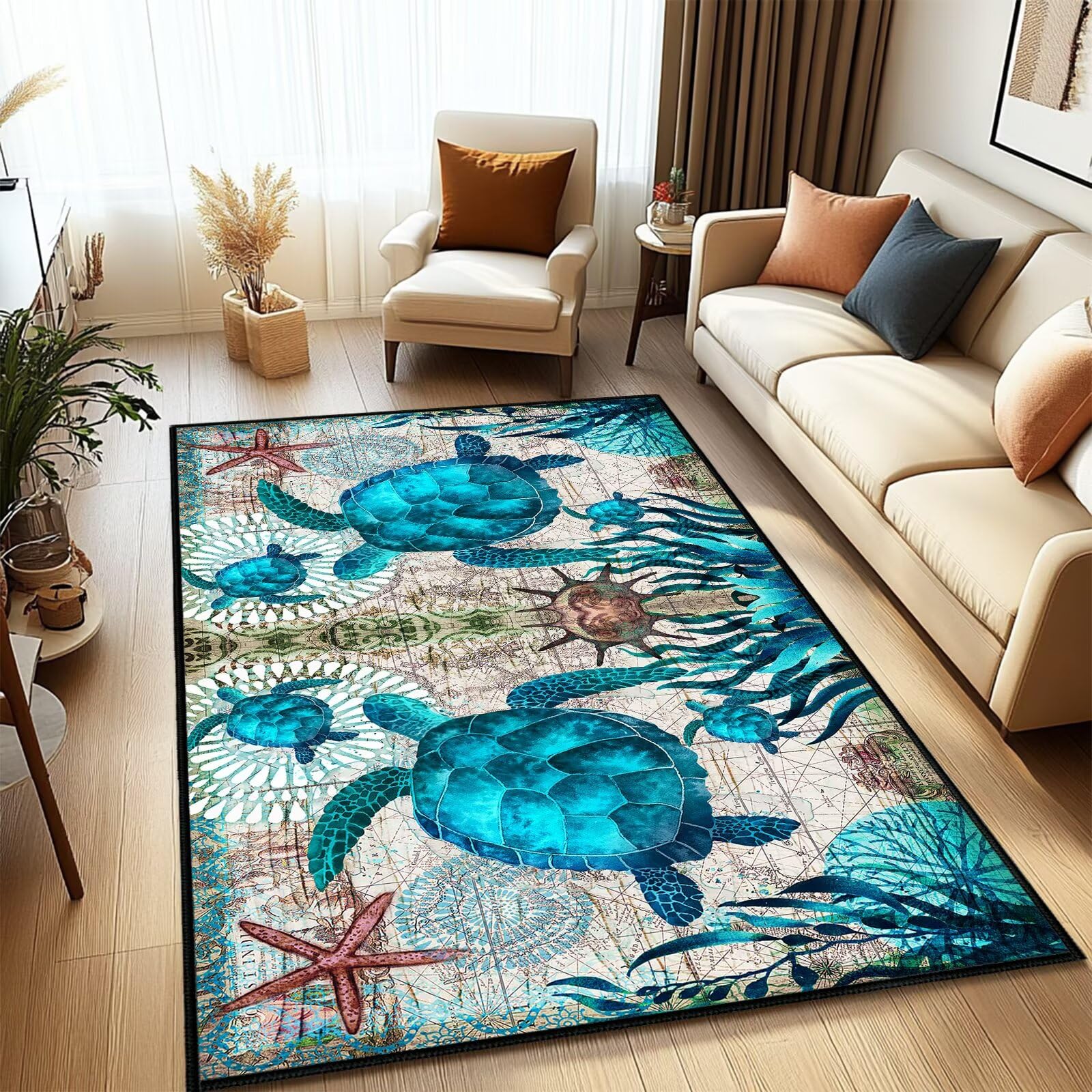 Sea Turtle Area Rug 4x6 Washable Bedroom Rug,Blue Turtles Beach Ocean Life Teal Marine Animal Throw Rugs Non Slip Coastal Entryway Area Carpet