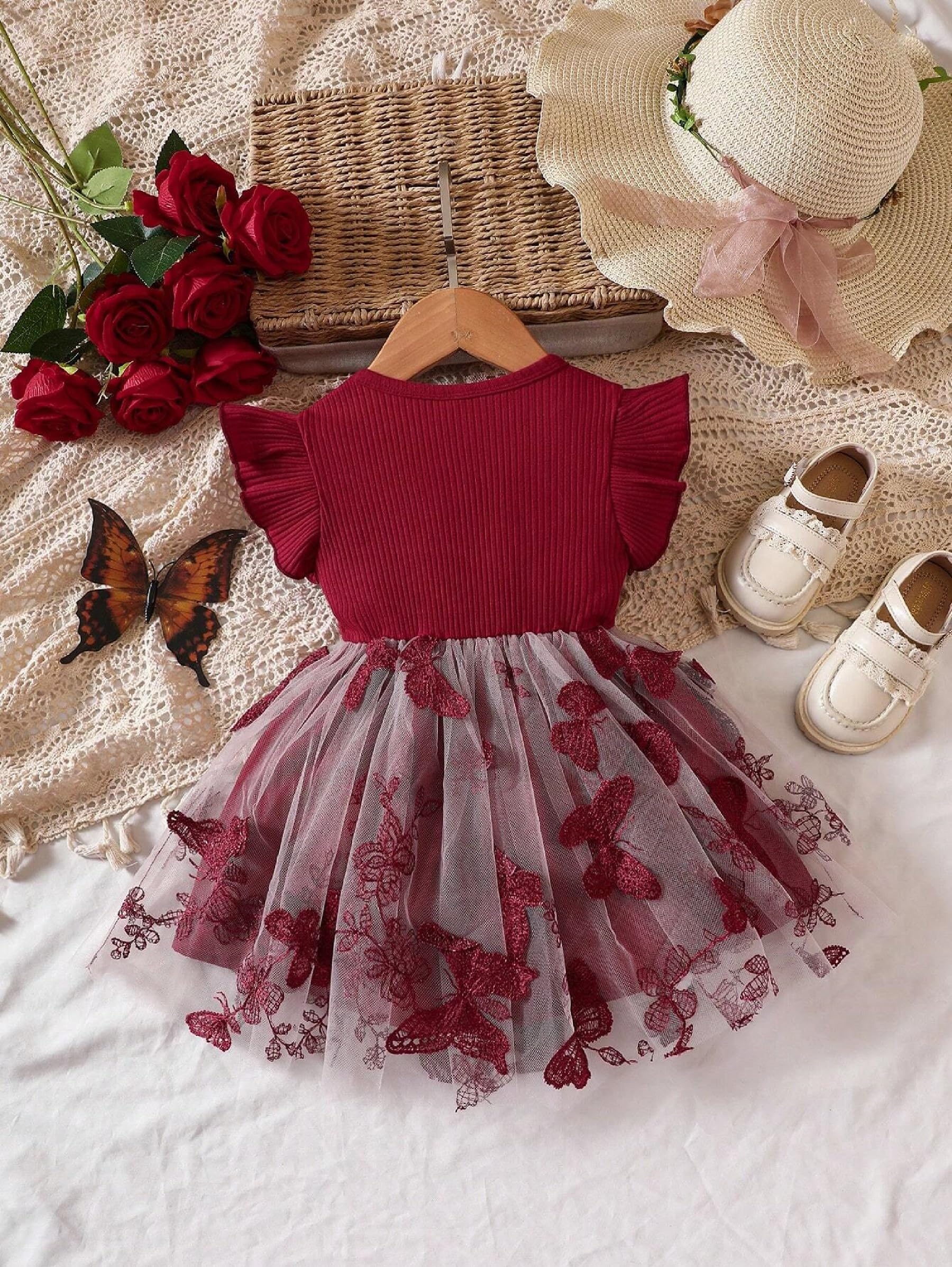 Elegant Butterfly Net Frock for Girls Dress with Bow Accents & Flutter Sleeves Red 1