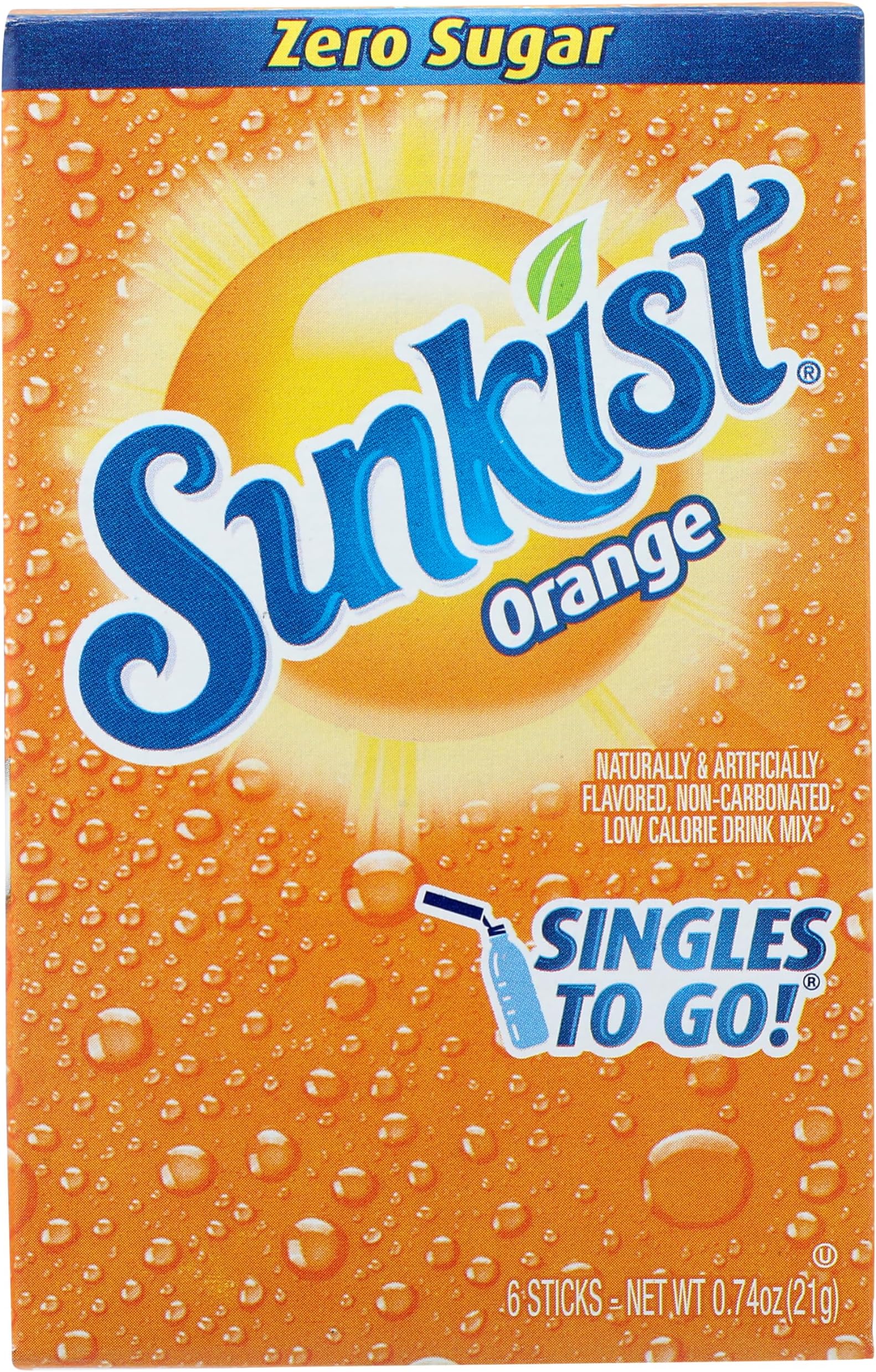 Sunkist, Powdered Drink Mix Sticks Zero Sugar Singles to Go Orange 6 Count, 0.74 Ounce