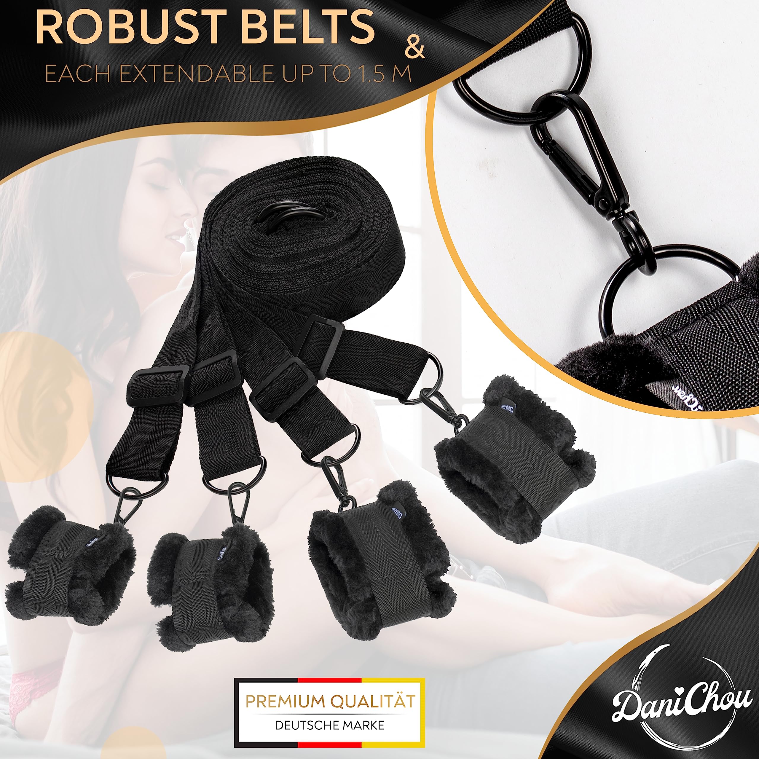 Sujeciones de cama DaniChou® Premium, extra felpa y mosquetón exclusivo, juego de ataduras y bondage, juguetes sexuales para cama, juego de bondage, juego BDSM para parejas, juego de juguetes