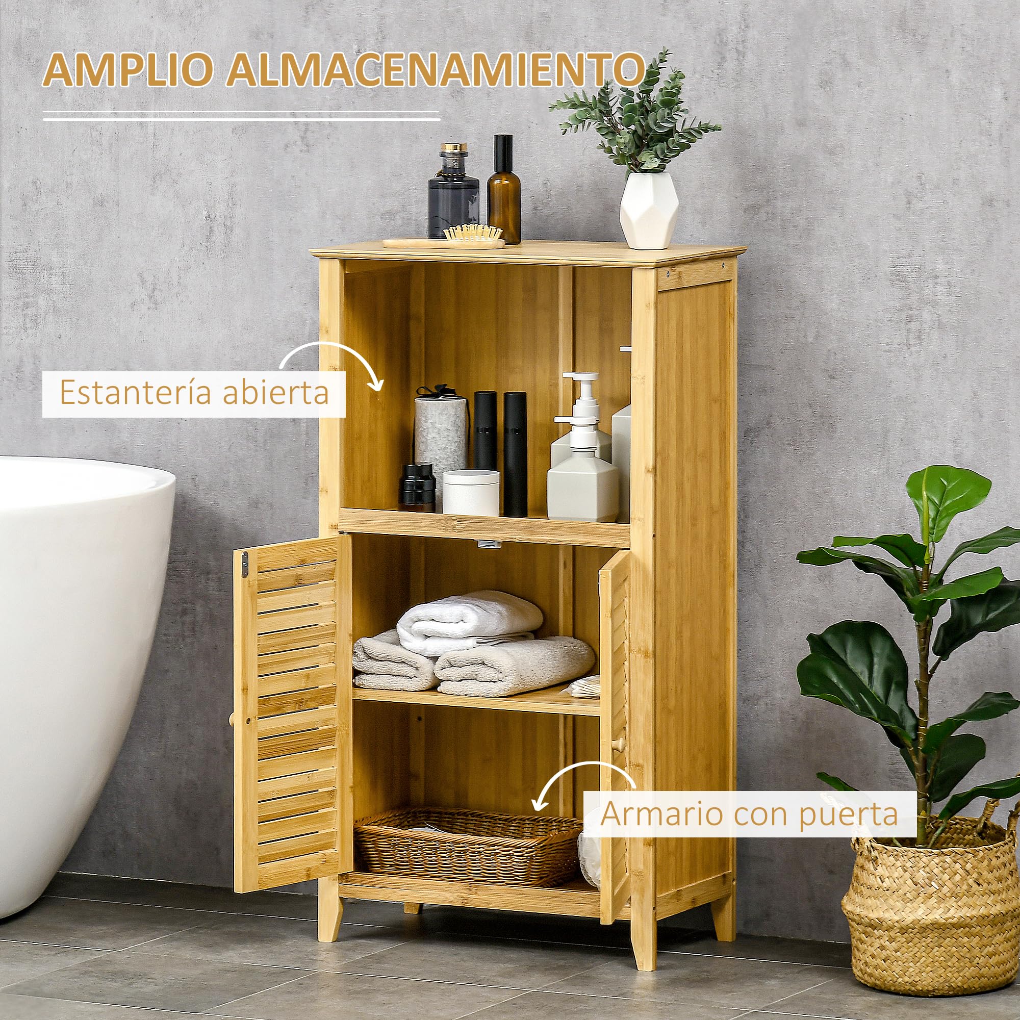 HOMCOM Armario Auxiliar de Baño de Bambú 2 Puertas 50x25,5x92 cm Natural | Armario de Suelo de Baño, Compartimiento Abierto, Estante Ajustable
