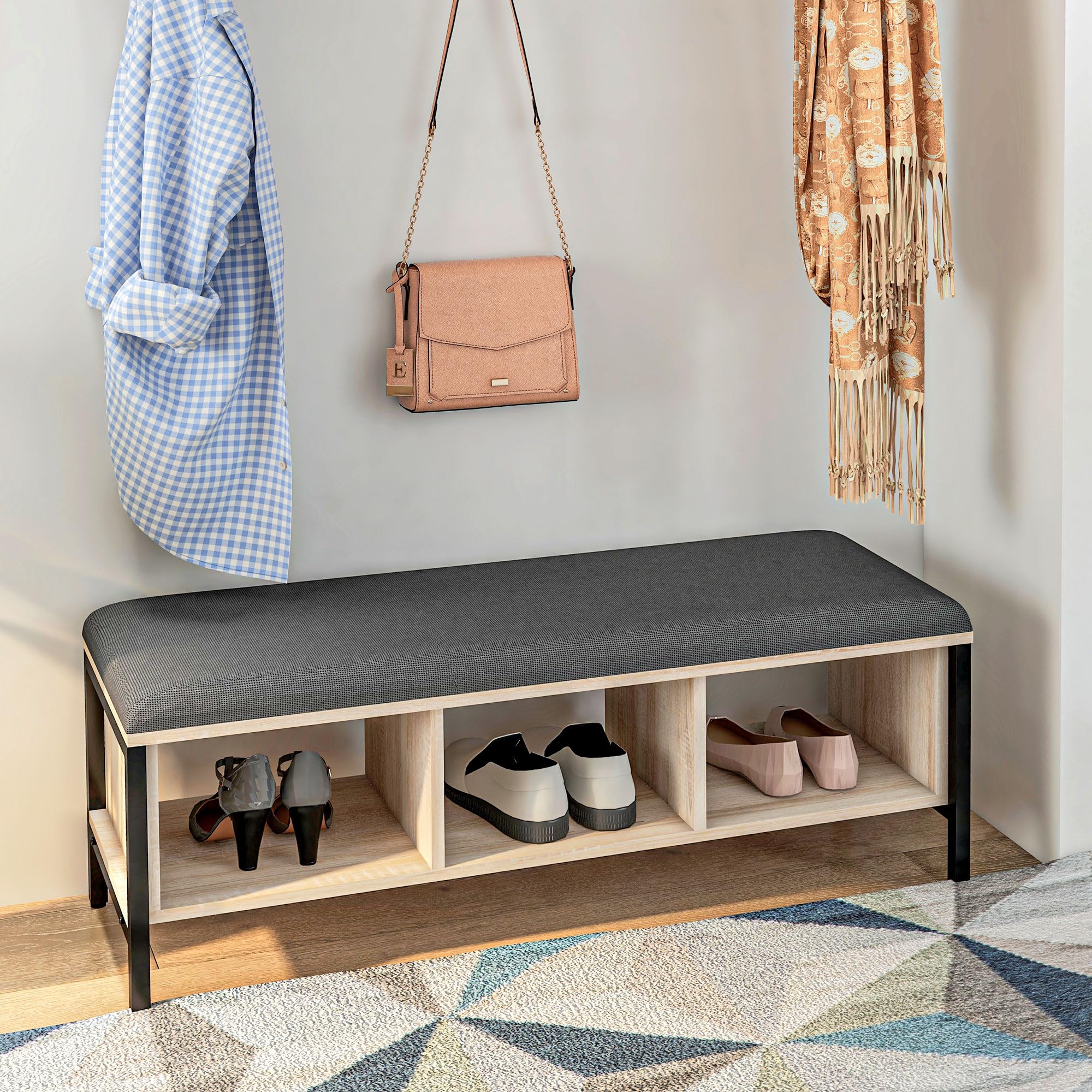 HOMCOM Ensemble Meuble d'Entrée 2-en-1 Banc à Chaussures Naturel et Noir | 3 Casiers, Porte-Manteau Mural, 3 Crochets et Barre, Coussin Rembourrée