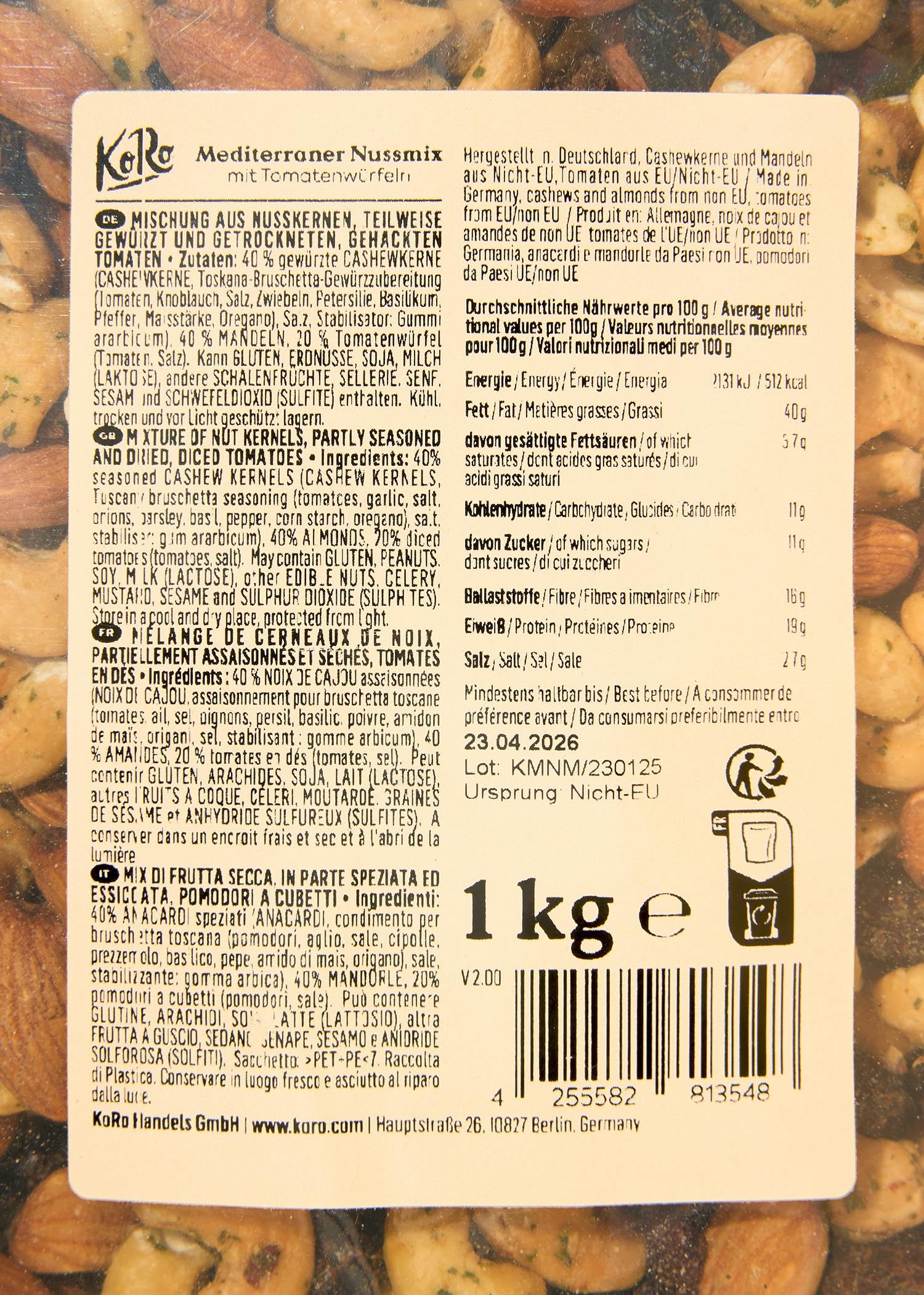KoRo - Mix di frutta secca alla mediterranea | 1 kg - saporito e croccante - come snack o sull’insalata - confezione convenienza