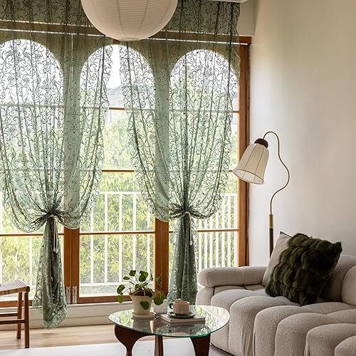 Miniatura 27 de Cortinas florales beige de 108 pulgadas de largo - Cortinas de encaje finas para comedor, con volantes de flores retro de los 60 y 70, bordadas