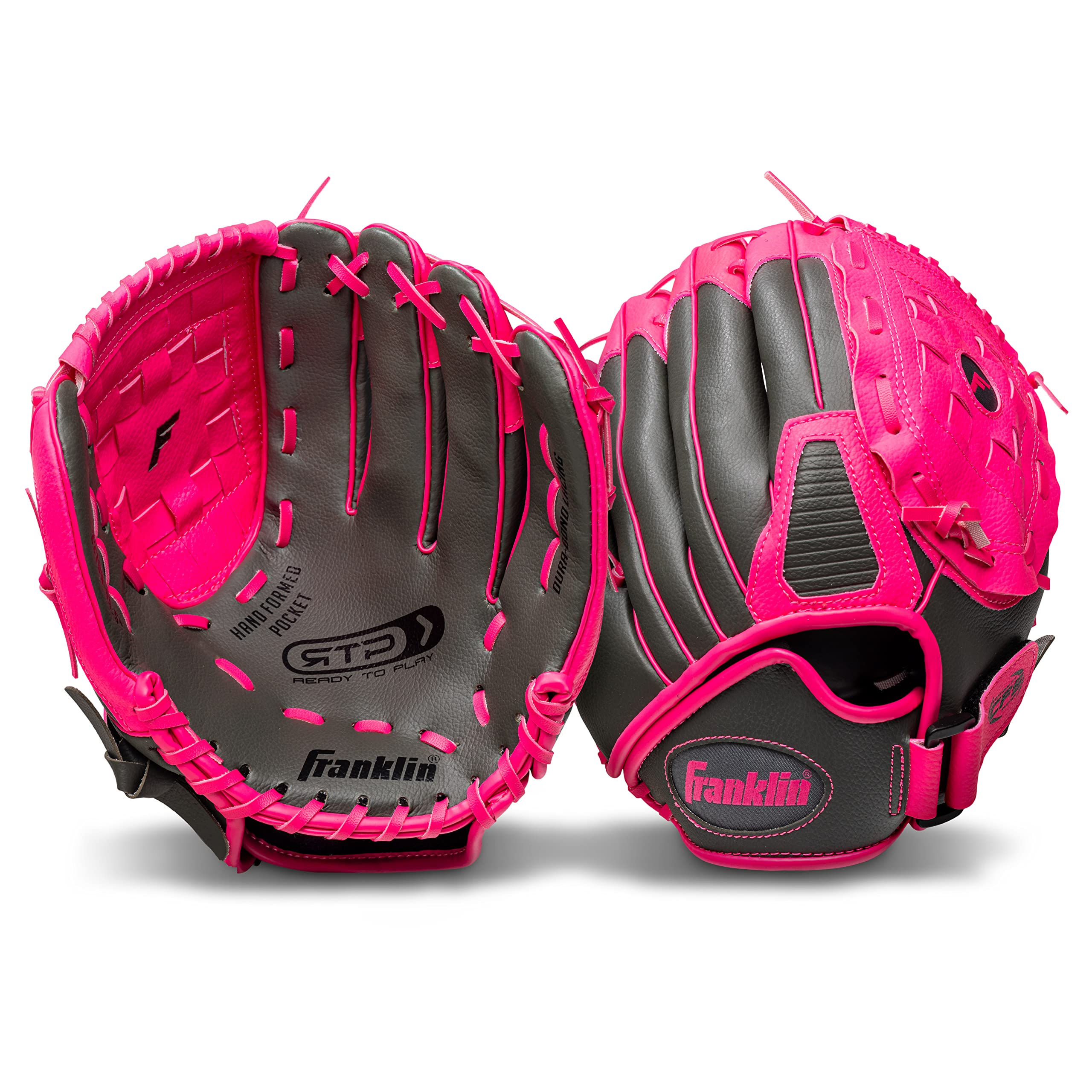 Franklin Sports RTP Teeball - Guantes de Rendimiento, 10.5 Pulgadas, Lanzamiento a la Derecha, Grafito/Rosa