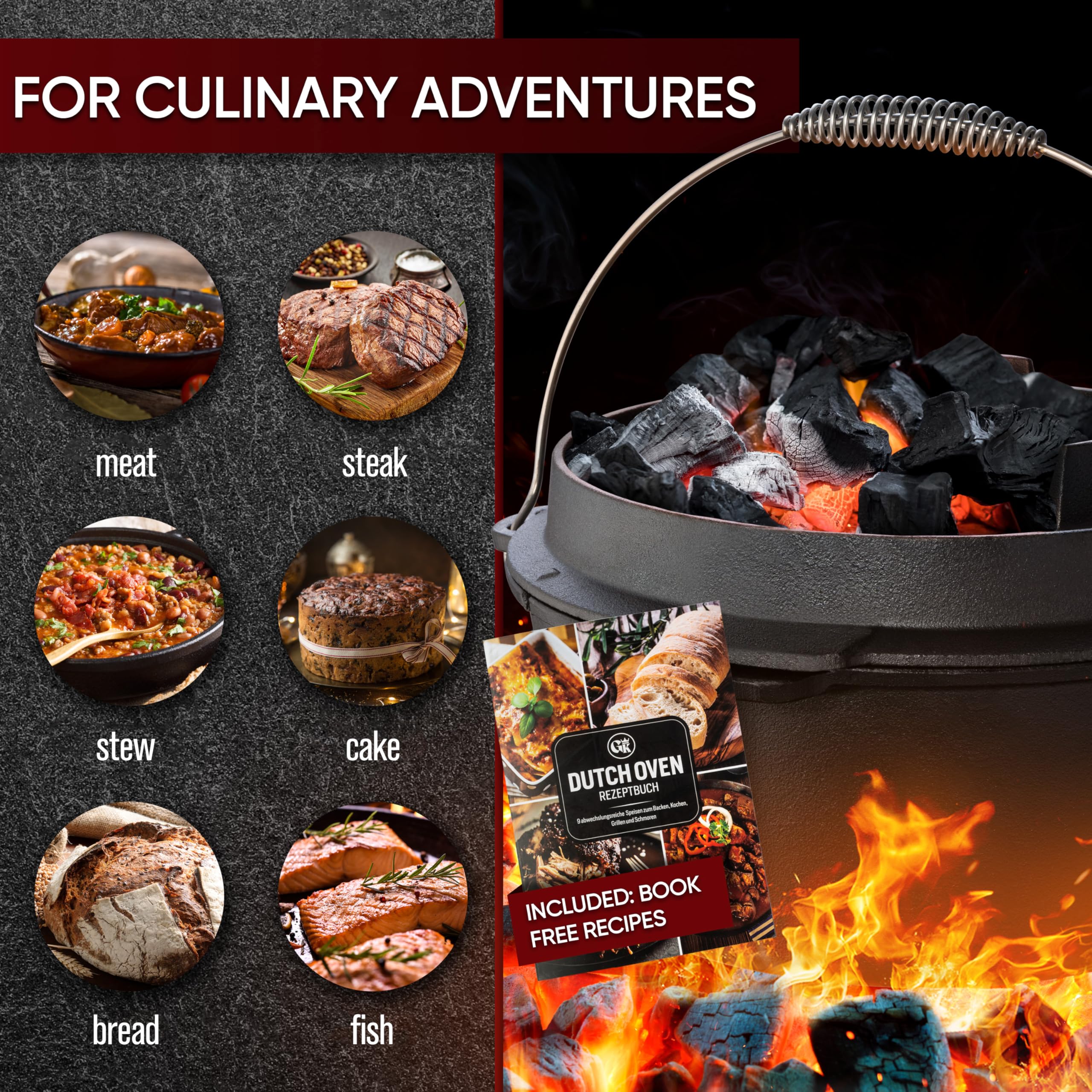 GUSSKÖNIG dutch oven Cocotte Fonte Barbecue - Cocotte Émaillée 4,5L sans Pieds - Chaudron en fonte - Double Fonction - Marmite fonte-Marmite feu de bois, Inclus : Brosse & Livre de Recettes[1-3 Pers.]