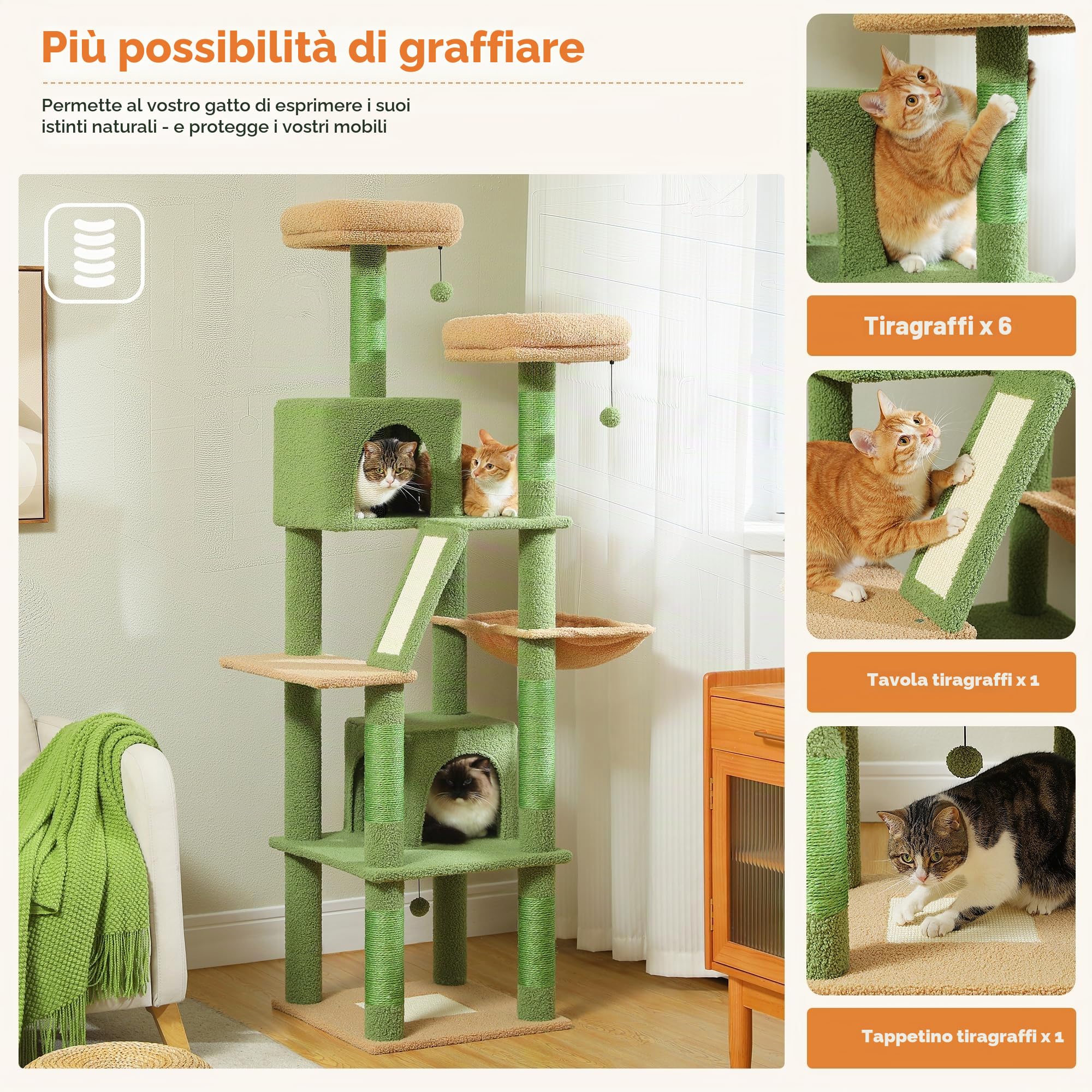 PETEPELA Albero tiragraffi cactus grande, multi-livello, per gatti di grandi dimensioni, con 6 colonna in sisal, 2 tavole, 2 piattaforme, 1 amaca, 2 palline da gioco, verde