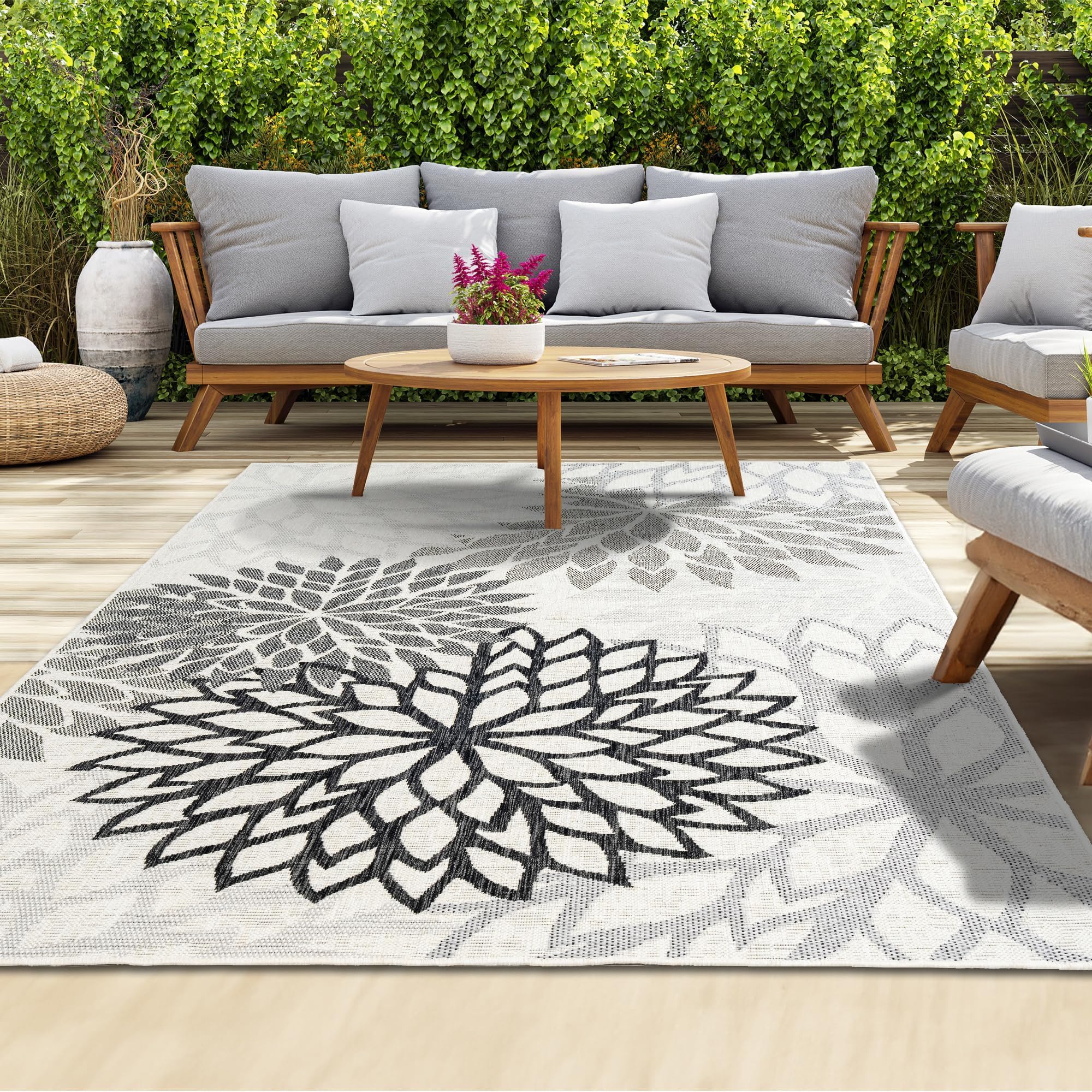 homeart Outdoor Rug - Easy-Clean, Durable, Stain-Resistant, Weather & UV Resistant Indoor & Outdoor Rugs for Porch, Deck, Balcony, Garden, Picnic and Patio | Bellis Black, Grey - 80x150cm