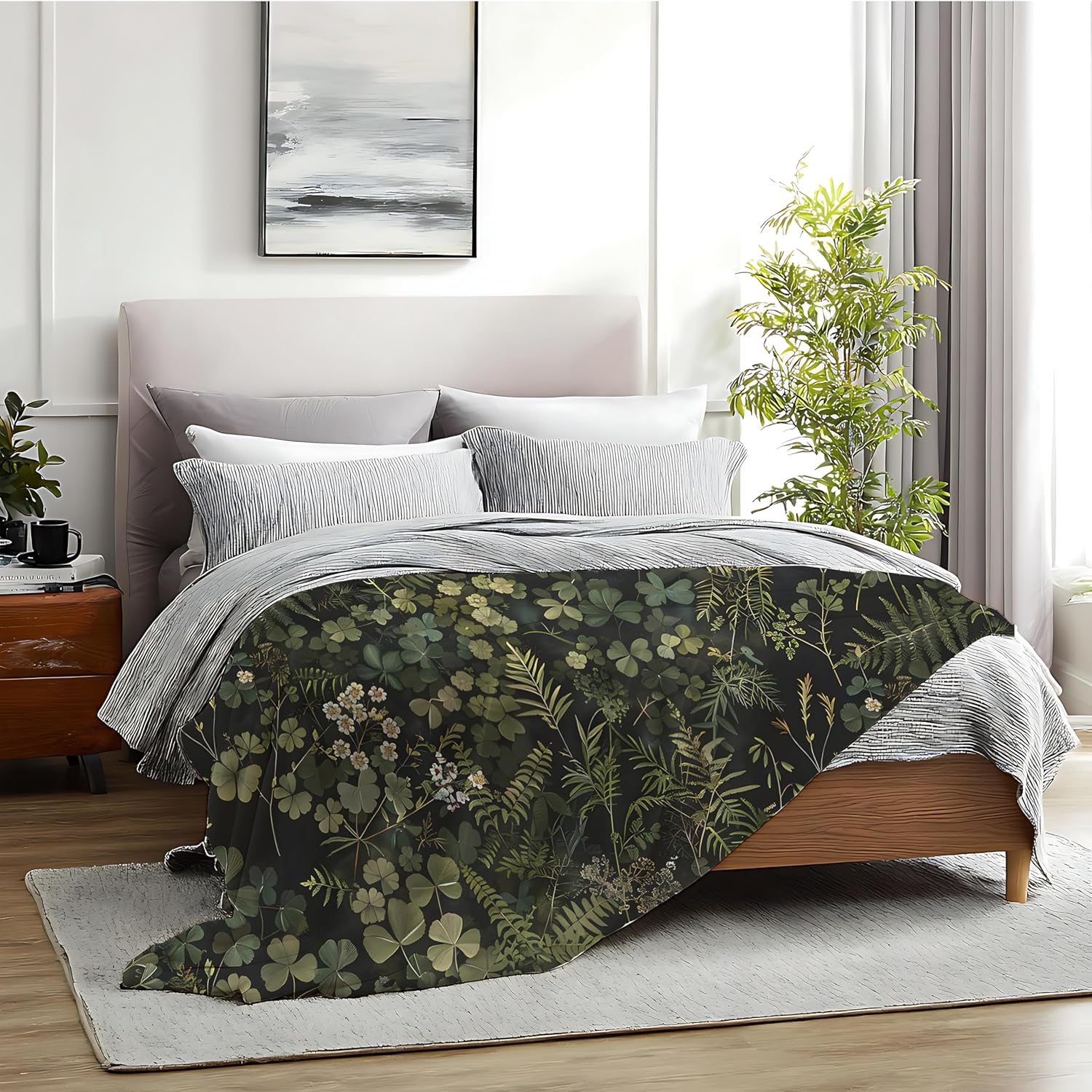 Dark Green Botanical Blanket, Vintage Nature Fern Leaf Clover Herb Plant Wildflower Throw Blanket for Home Living Room Bedroom Couch Bed Decor, Cottage Core Decor, 50x60 Inches - Image 6
