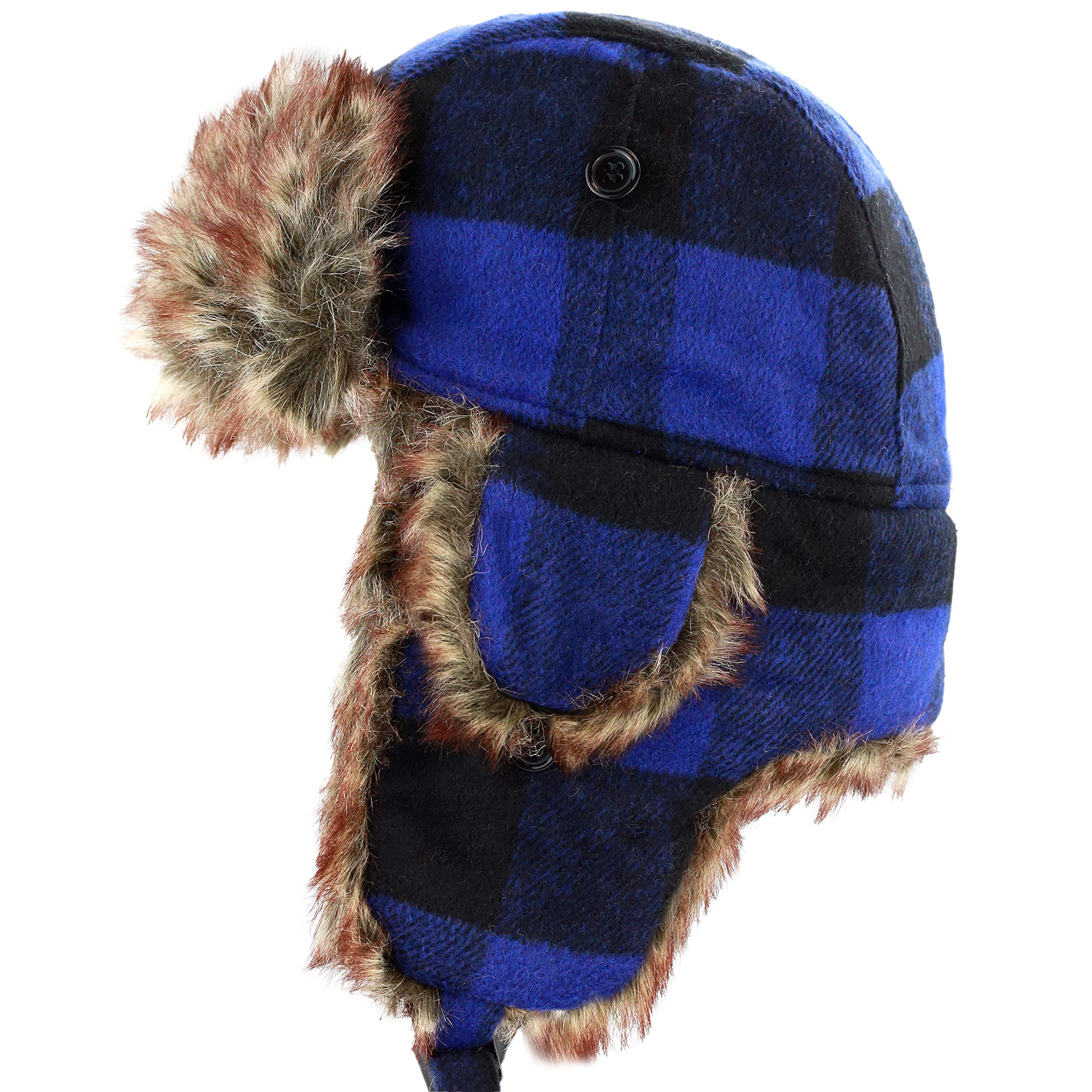Faux Fur Safety Reflective Plain Plaid Aviator Trapper Hat Snow Ski Trooper Winter Cap