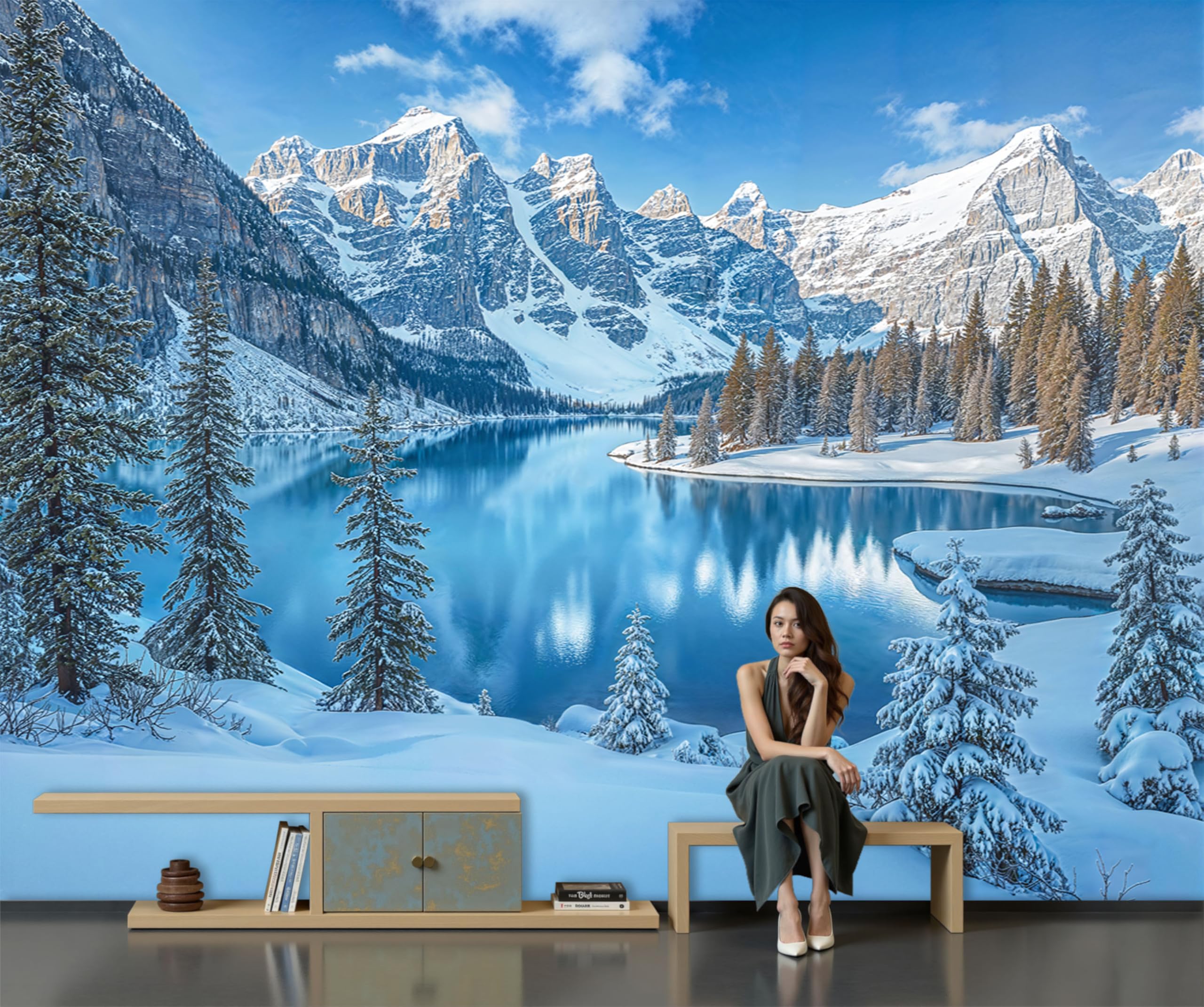 Murales 3D Per Soggiorno Carta da Parati con Montagne Innevate E Laghi Paesaggio Invernale, Carta da Parati Soggiorno la Parete Foto Personalizzata Per Camera da Letto Mural, 350Lx256A cm