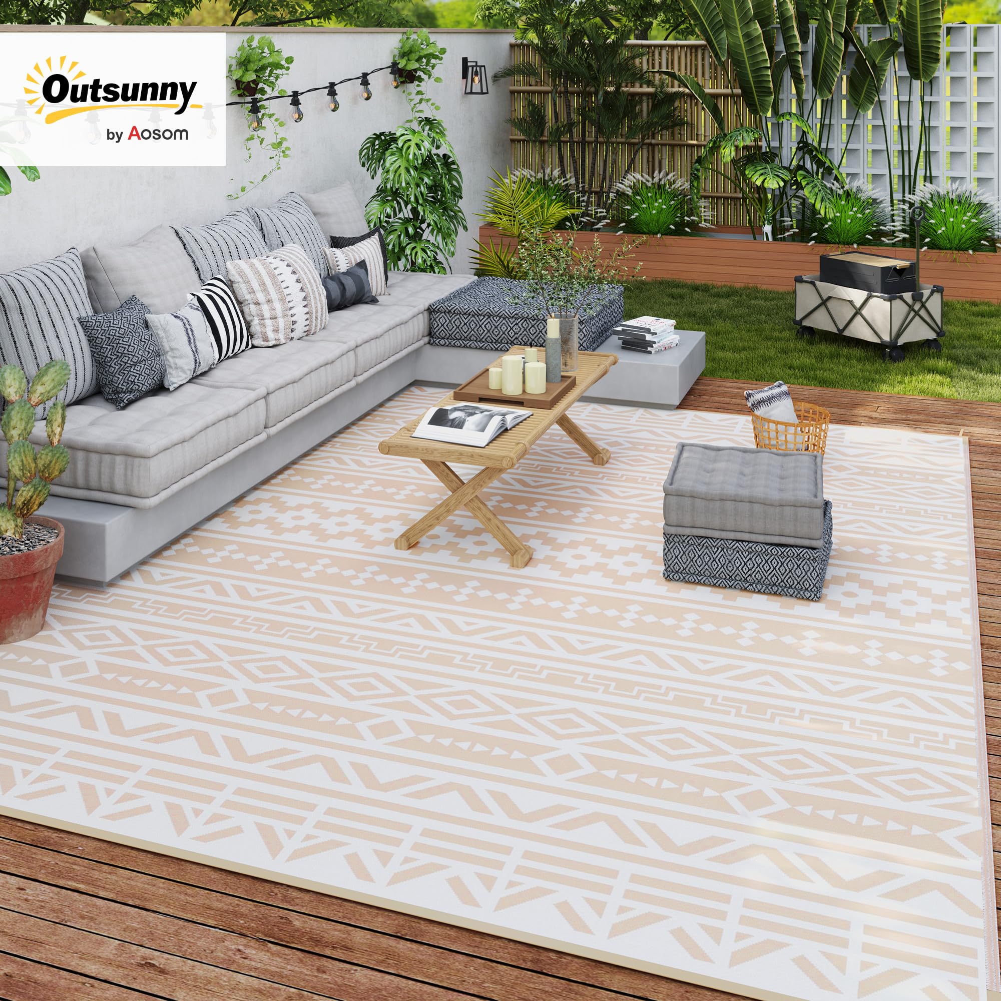 Outsunny Tapis d'extérieur réversible 3,7 x 2,7 m, Tapis de Sol au Motif Mur géométrique en PP résistant aux intempéries, Sac de Transport Inclus, Tapis extérieur terrasse, Kaki et Beige Clair