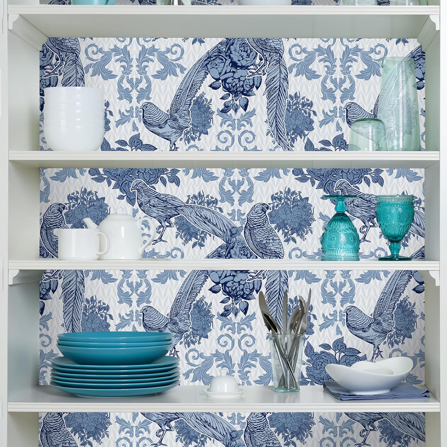 VaryStyle Antique Birds Floral Peel and Stick Wallpaper Boho Vintage Navy Blue Pheasant Floral Wallpaper for Bathroom Bedroom 17.7"x118" Removable Self Adhesive Boho Contact Paper for Cabinets Walls
