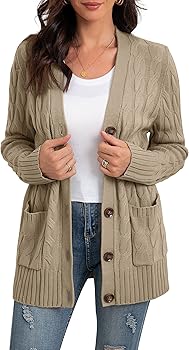 GRECERELLE Women's Long Sleeve Loose Knit Cable Open Front Button Down Cardigan Sweater Outerwear Coat with Pockets