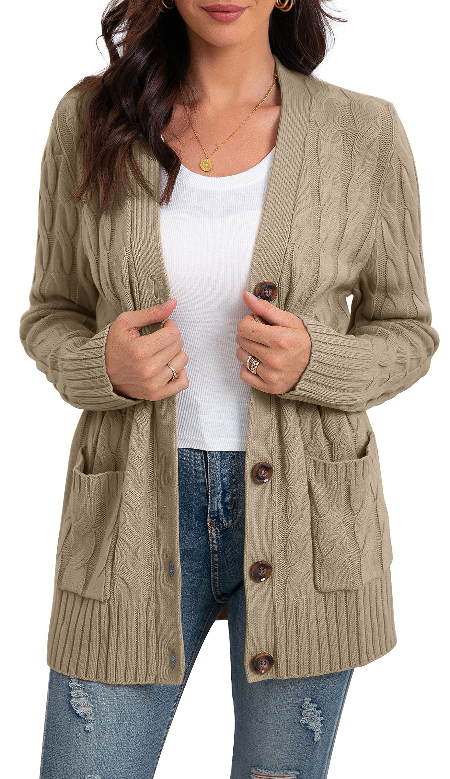 GRECERELLE Womens Long Sleeve Loose Knit Cable Open Front Button Down Cardigan Sweater Outerwear Coat with Pockets