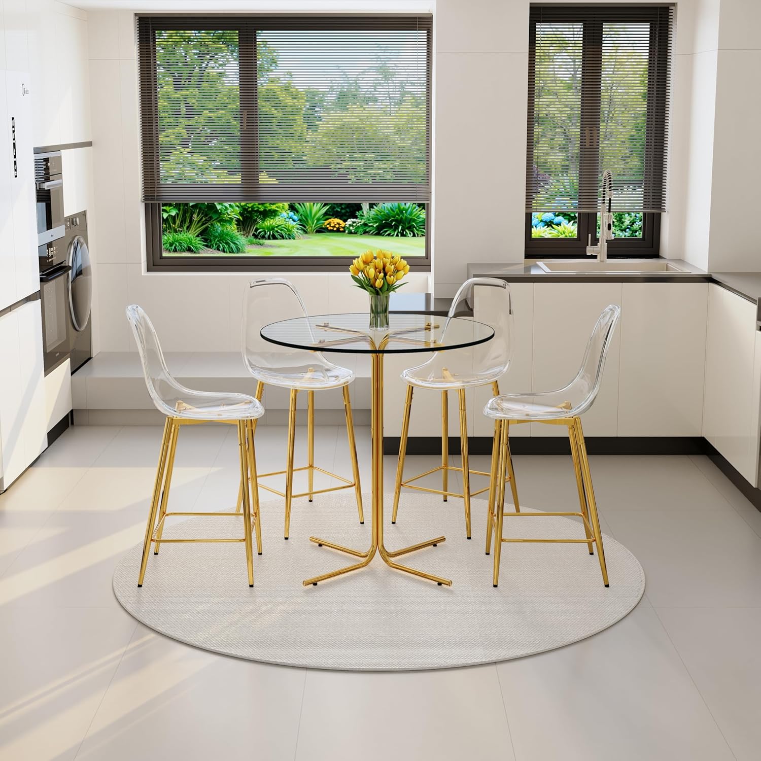 Round Bar Table Set of 4, 5 Piece Glass Bistro Table Set with Clear Acrylic Bar Stools, Gold Metal Island Table and Chairs Set for Kitchen, Breakfast Nook, Small Spaces