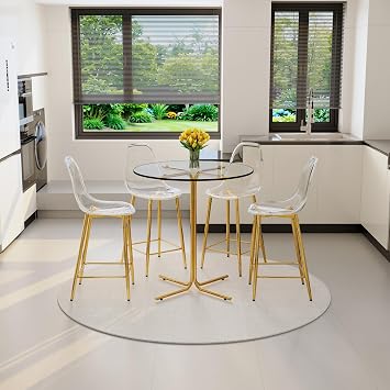 Round Bar Table Set of 4, 5 Piece Glass Bistro Table Set with Clear Acrylic Bar Stools, Gold Metal Island Table and Chairs Set for Kitchen, Breakfast Nook, Small Spaces
