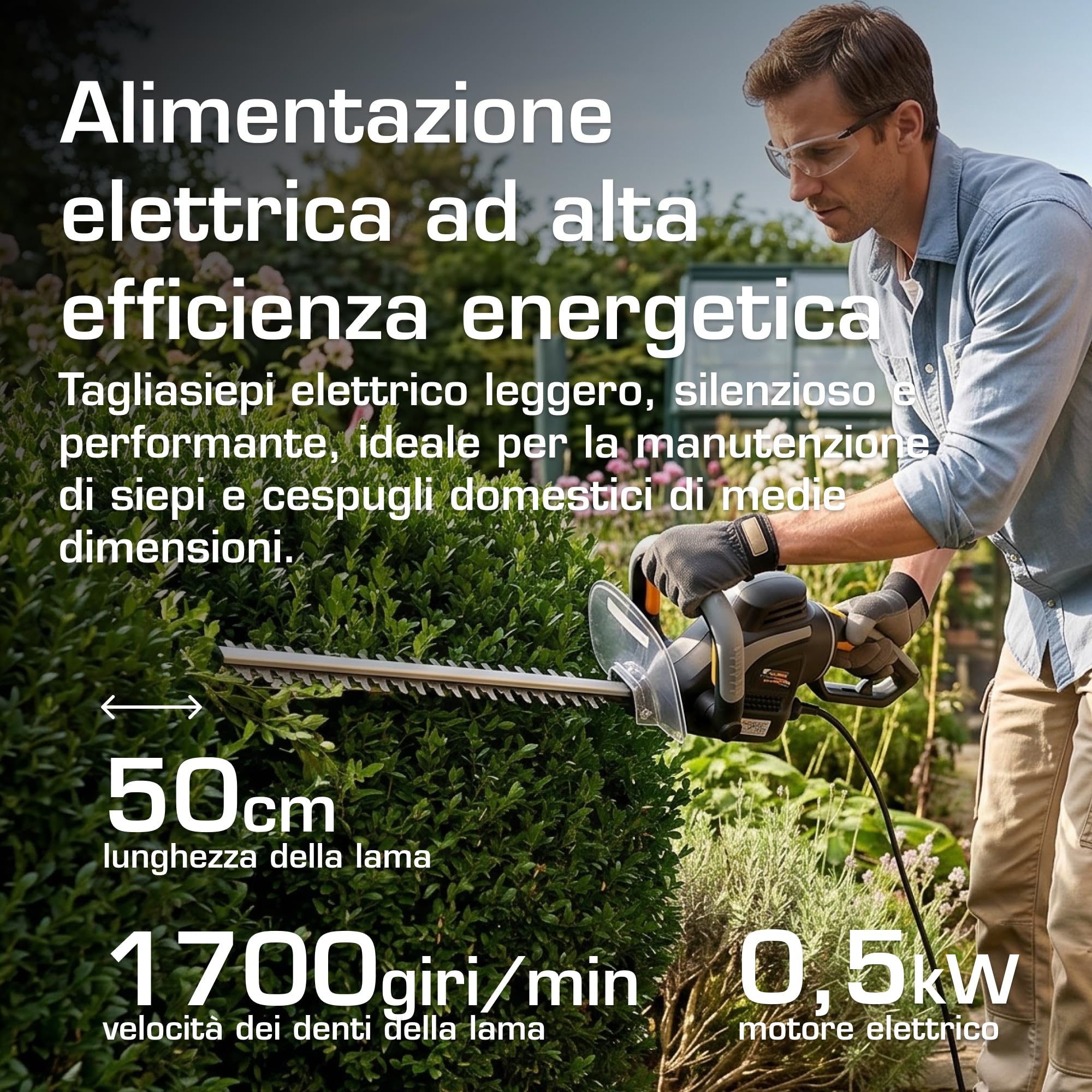 Alpina AHT 500 E Tagliasiepi Elettrico, 500 W, 50 cm – Impugnatura Rotante 180° (5 Pos.), Lama Doppia Azione – Per Siepi Domestiche