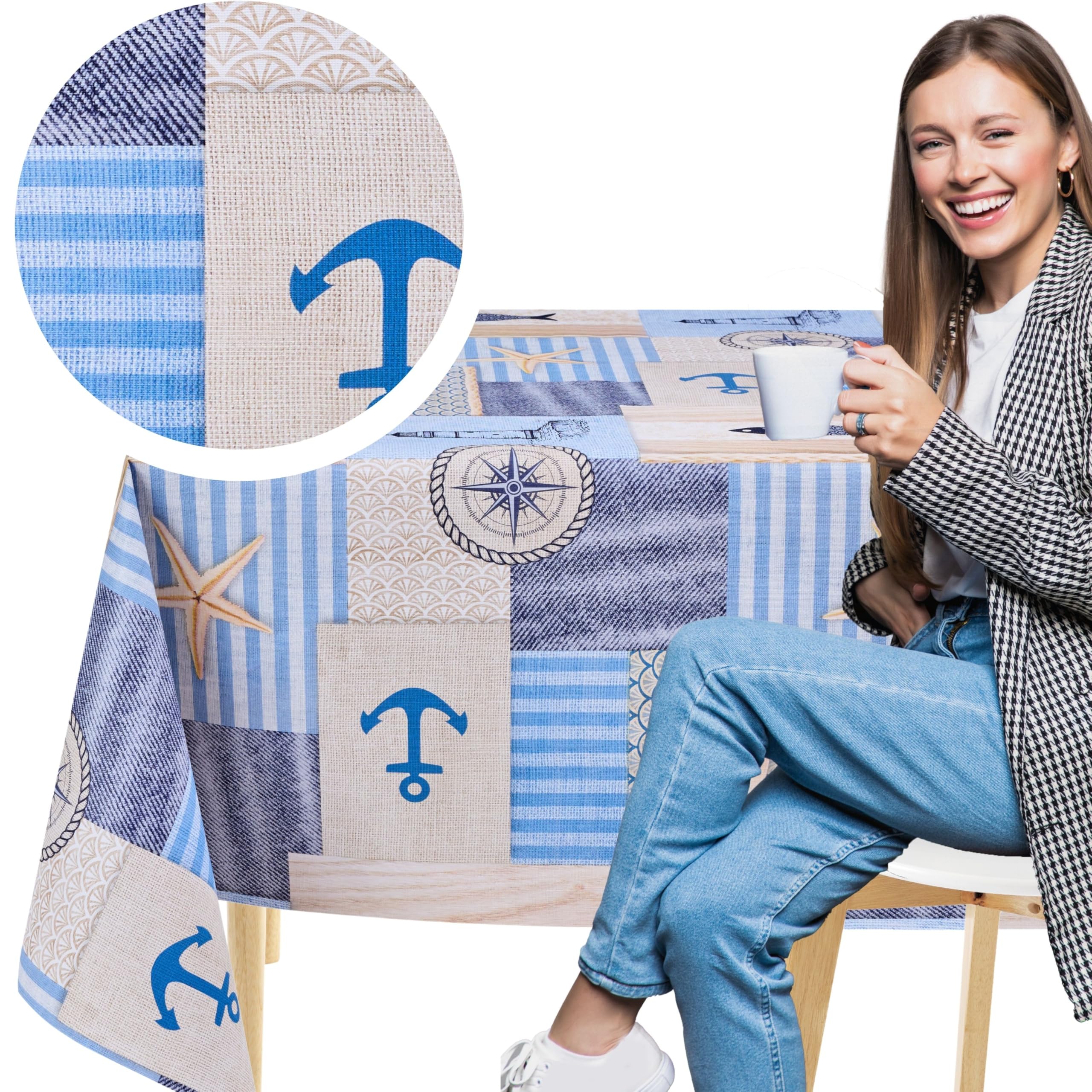 Nappe Rectangulaire PVC 200x140cm - Imprimé Poissons Nautiques - Imperméable Et Lavable - Style Bord De Mer