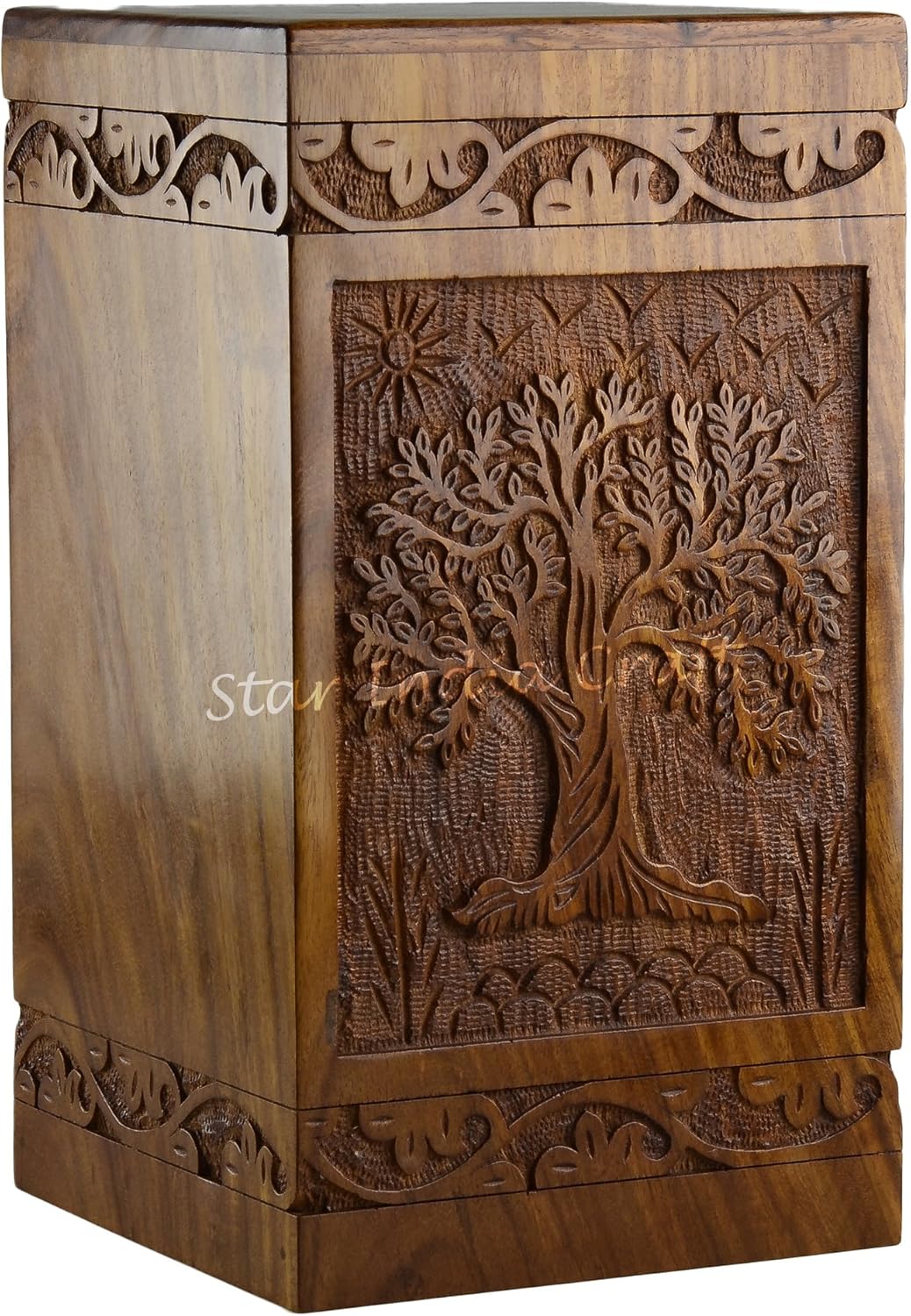 STAR INDIA CRAFT Rosewood Urn for Human Ashes Adult,Tree of Life Wooden Urns for Ashes, Cremation Pet Urns for Dogs Ashes, Wooden Box, Funeral Urn Box (Tower Tree of Life, 150 Cu/in)