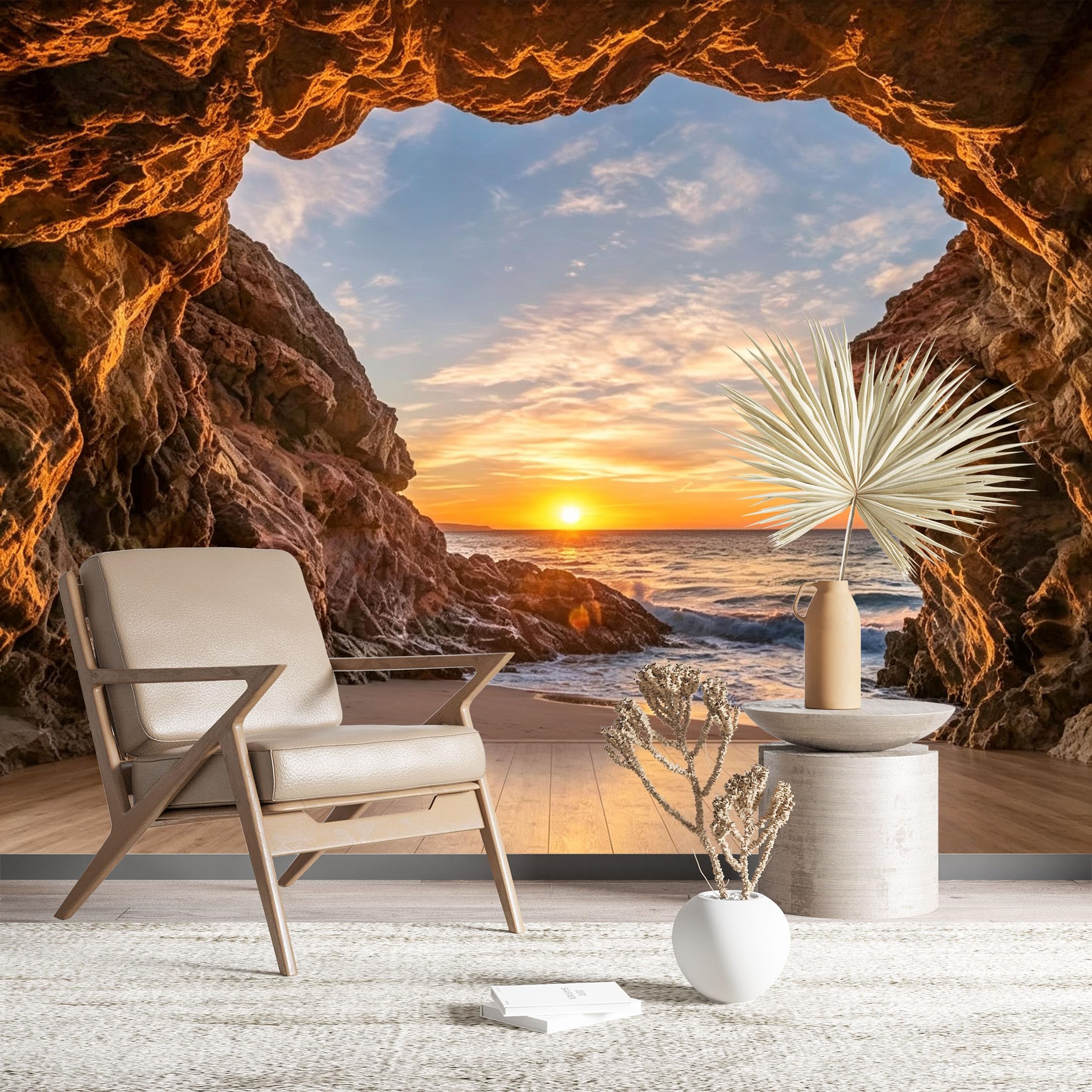 Custom Size Wall Murals Gorgeous Sunset Over Seaside Cave Vivid Self-Adhesive Wall Fabric (NO PVC) Removable Wallpaper for Living Room Bedroom