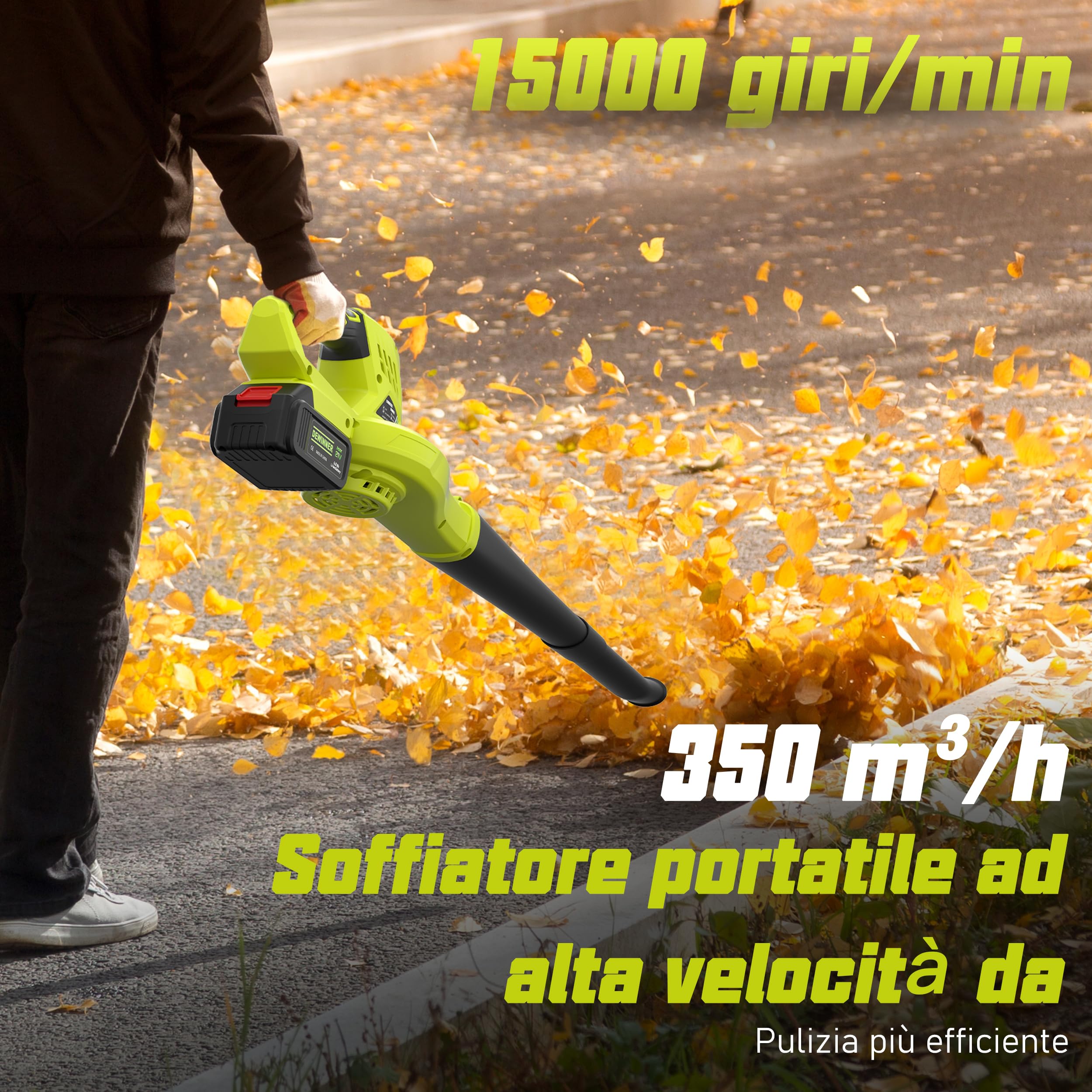 DEWINNER Soffiatore di Foglie Senza Fili, 2 Batterie 4.0Ah, 210 km/h, 6 Velocità Regolabili, 2 Tubi Smontabili, Kit Completo, Professionale per Giardino, Compatibile con Batterie Makita (Verde)
