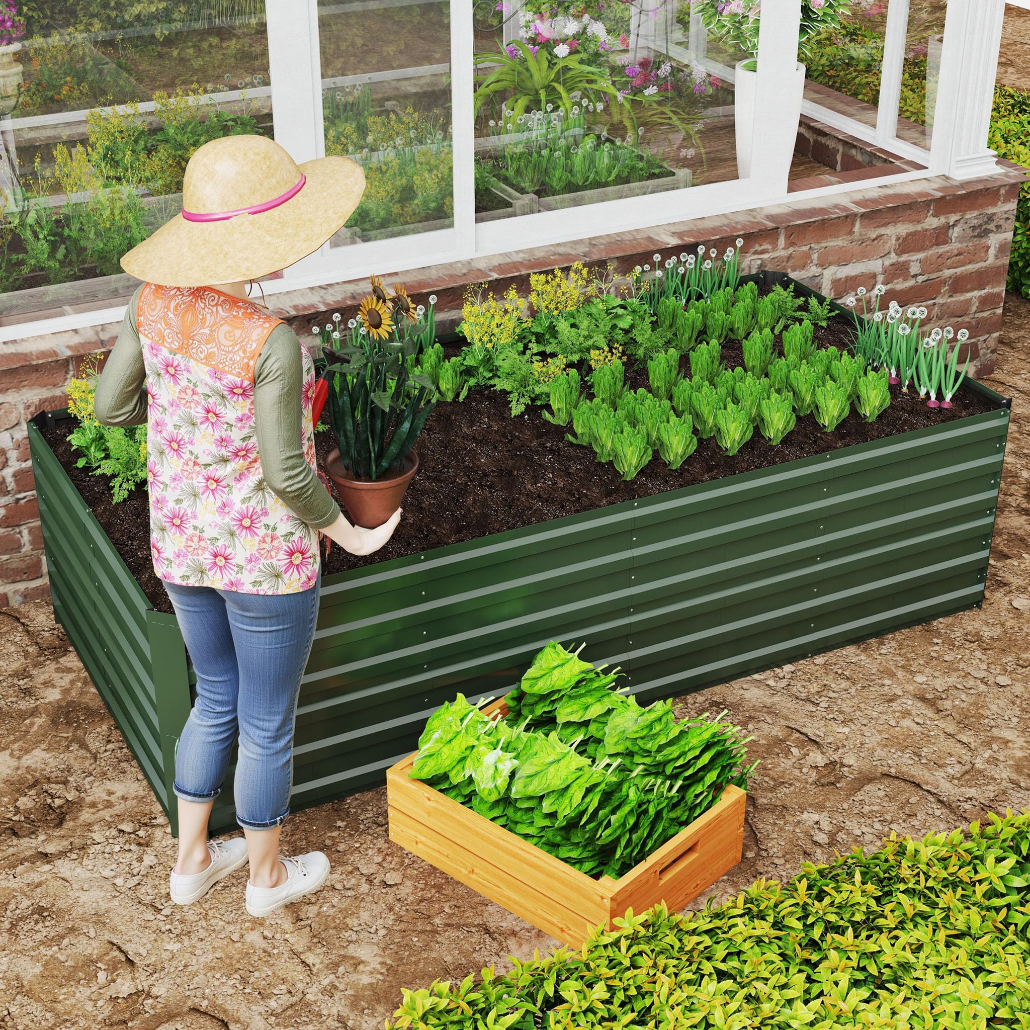 LZQ Jardinière surélevée en métal - 435 l - Pour le jardin - En tôle d'acier inoxydable - Pour la culture de légumes et de fleurs - 120 x 60 x 58 cm - Rectangulaire - Vert - S