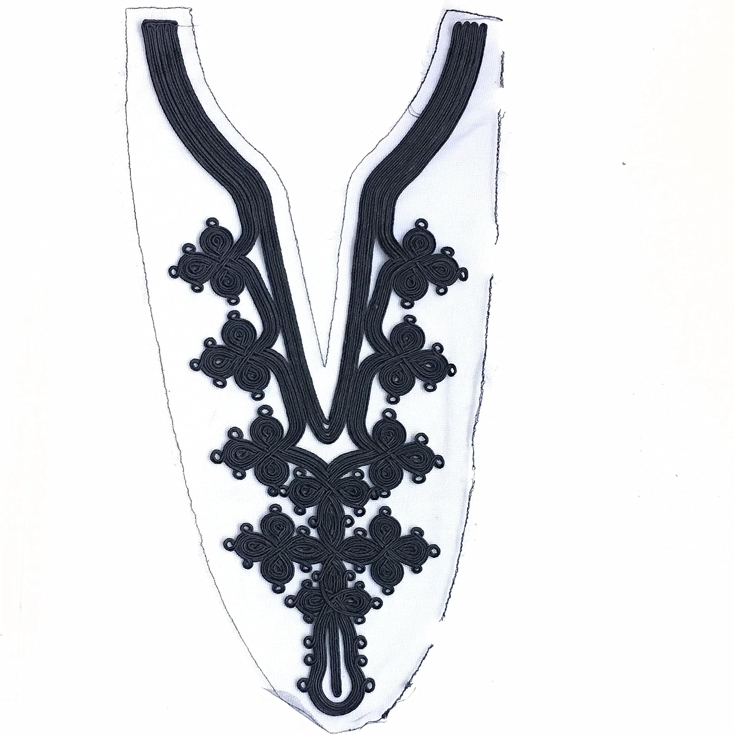 JUBRAY 2x Cord Embroidered Lace Neckline Embroidery Applique V Neck Lace Collar Patch Sew On Motifs DIY Patches For Dress Black Appliques 45x24cm AC0855